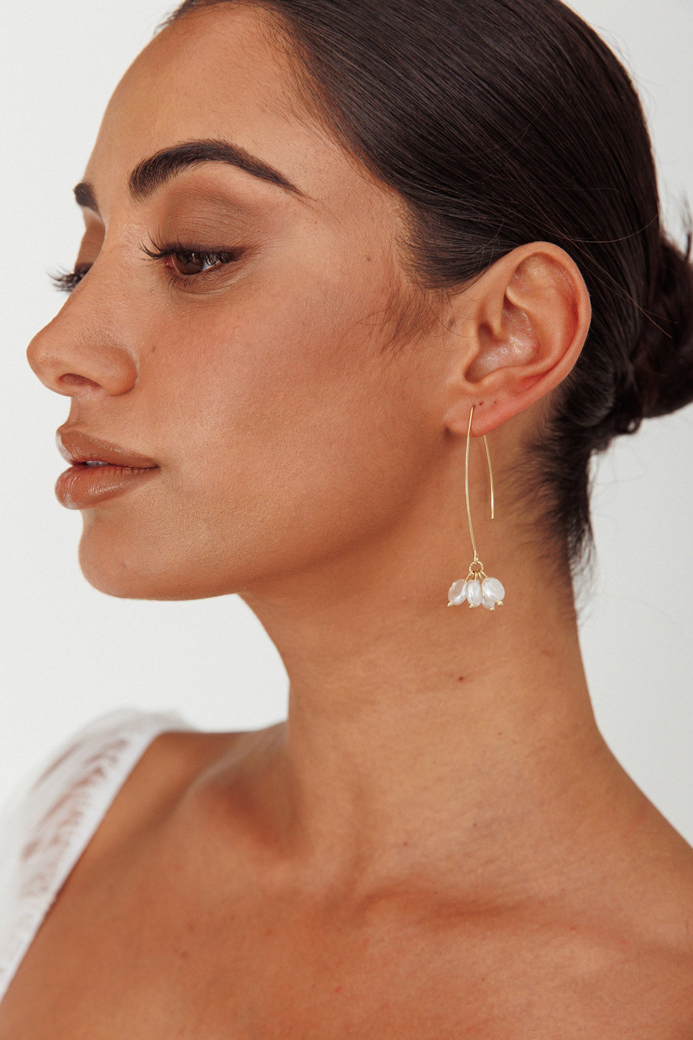 Sarah Pearl Accent Long Hook Earrings Gold by Selfie Leslie Australia