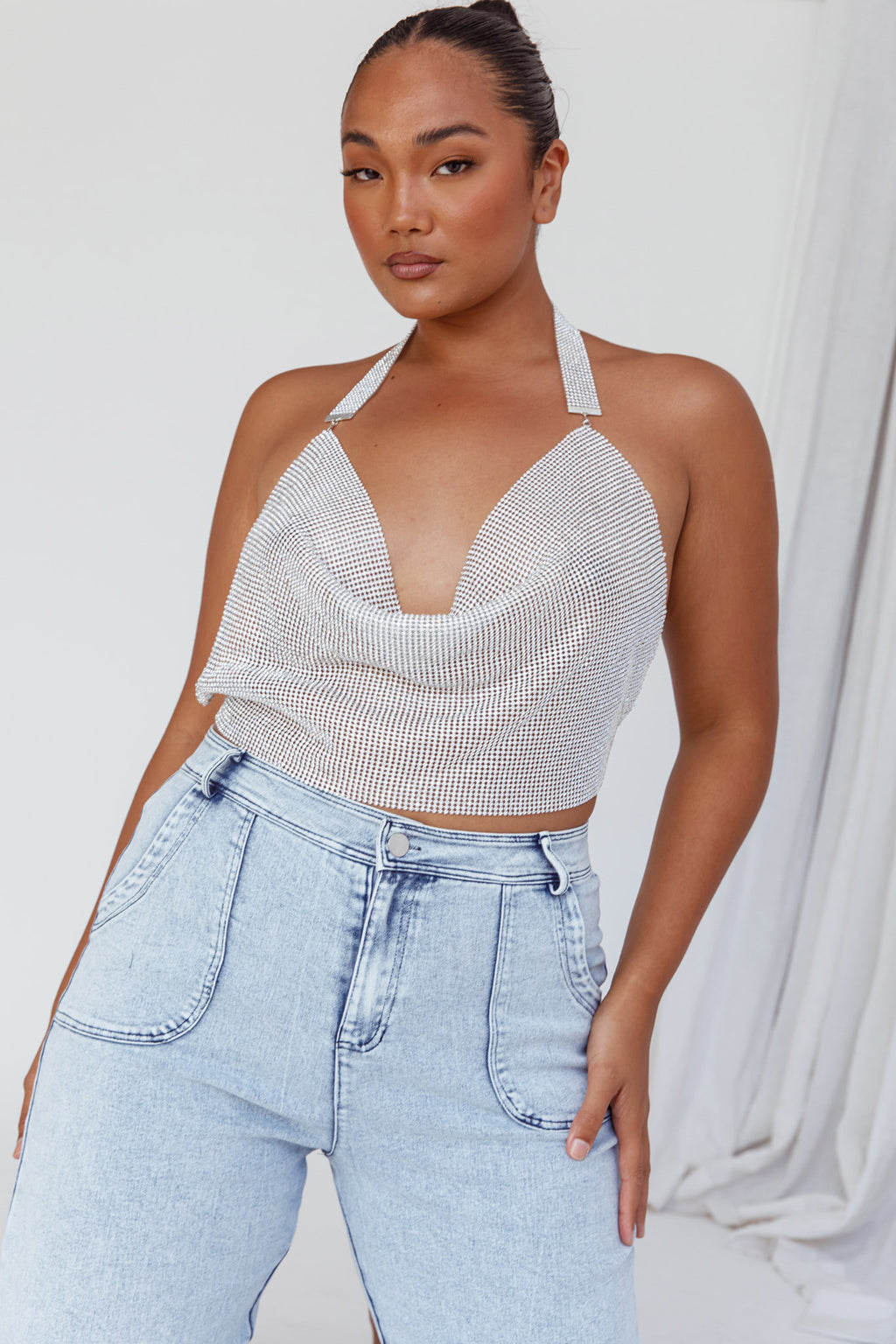 California Diamante Crop Vest Silver by Selfie Leslie Australia