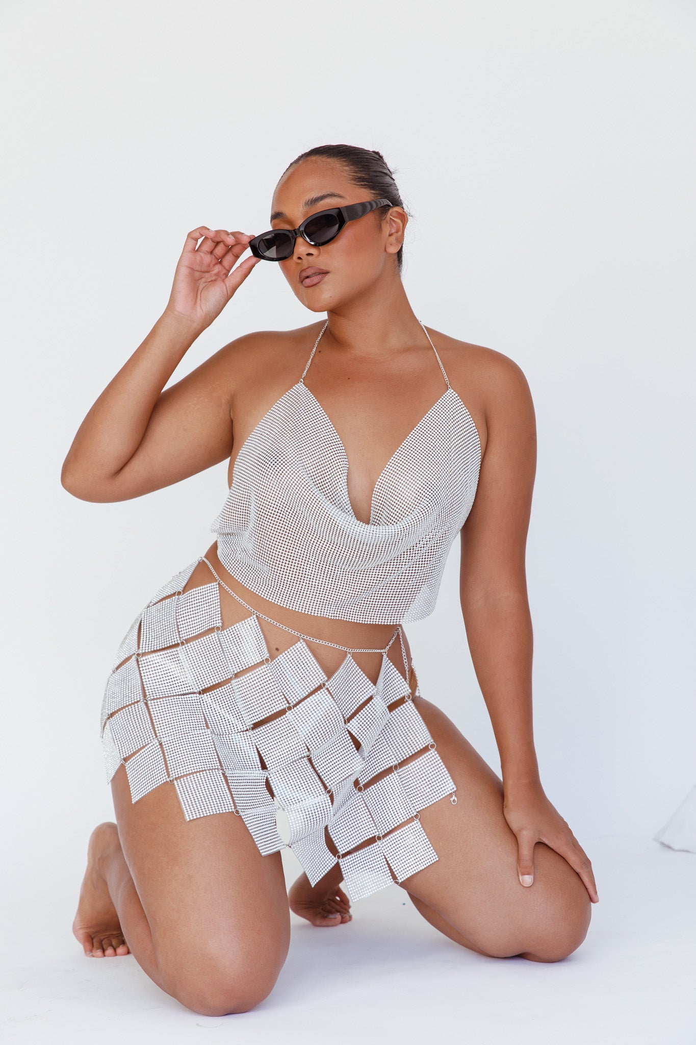 Vally Sequins Geometric Mini Skirt Silver by Selfie Leslie Australia