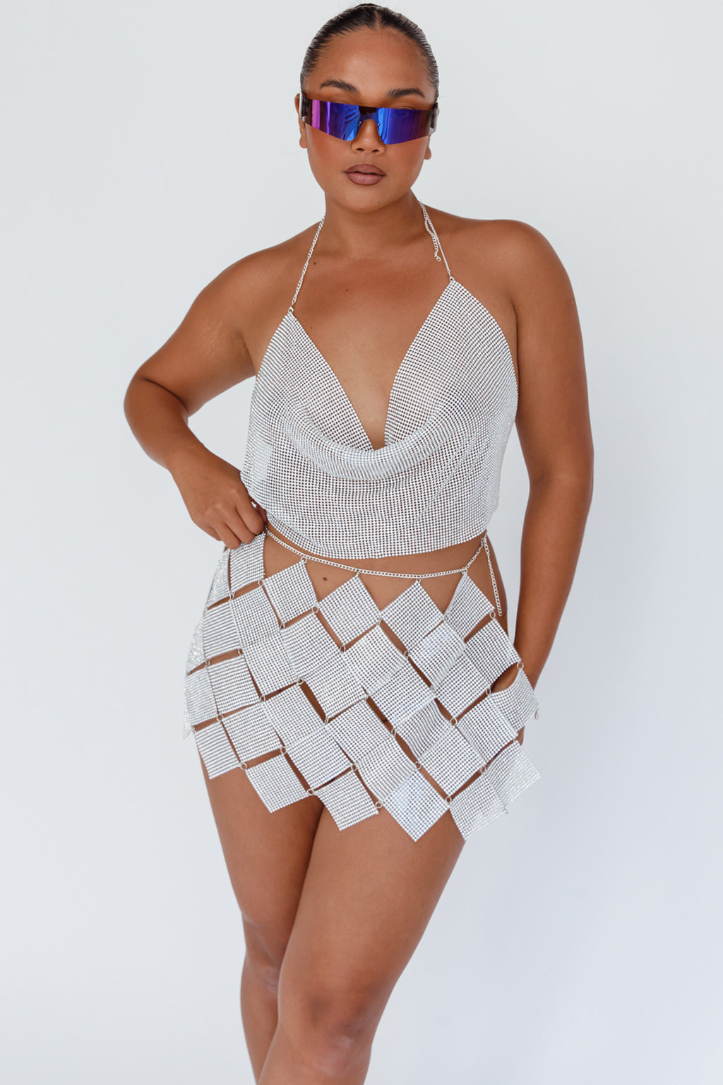 Vally Sequins Geometric Mini Skirt Silver by Selfie Leslie Australia
