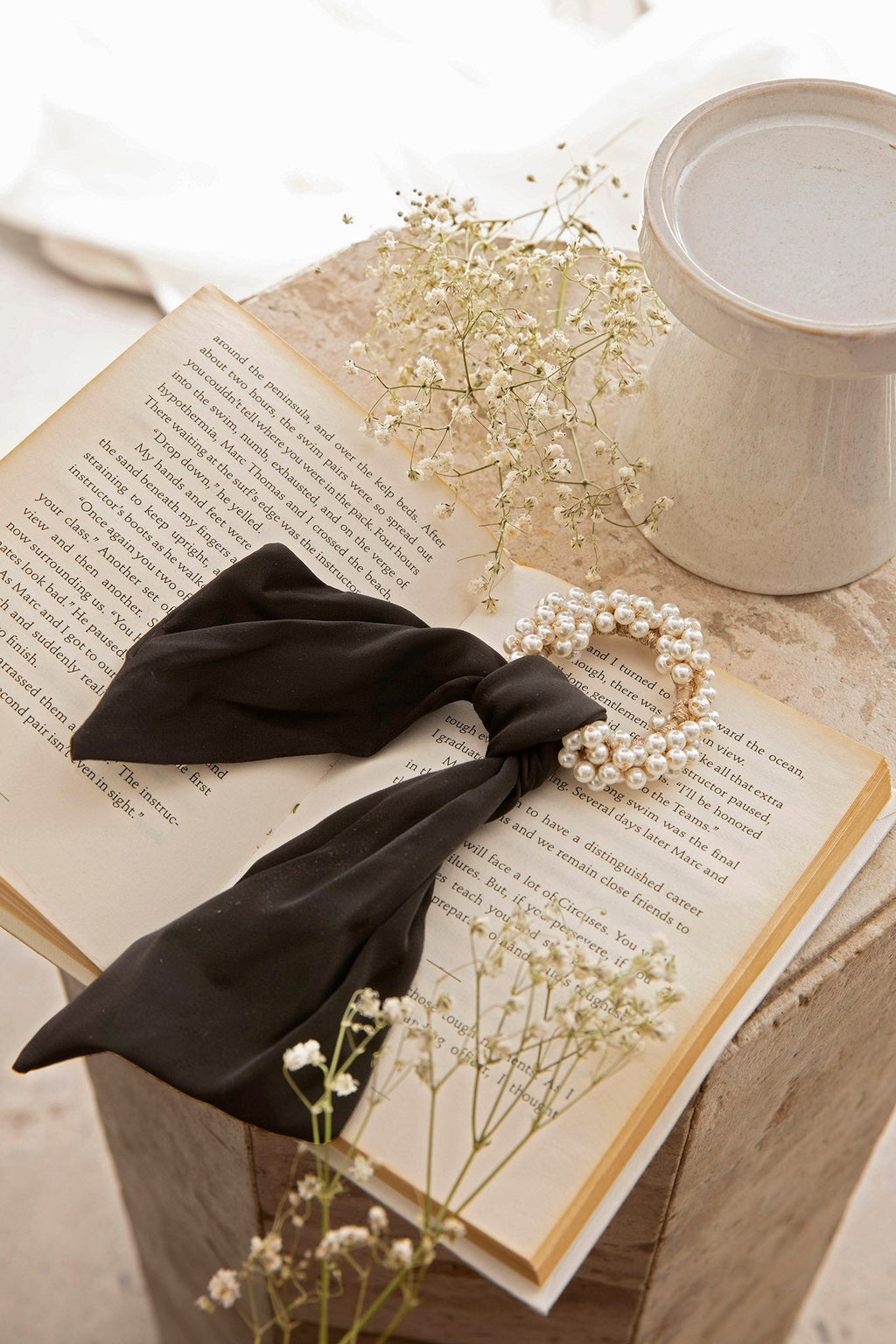 Carina Pearl & Satin Bow Hair Tie Black by Selfie Leslie