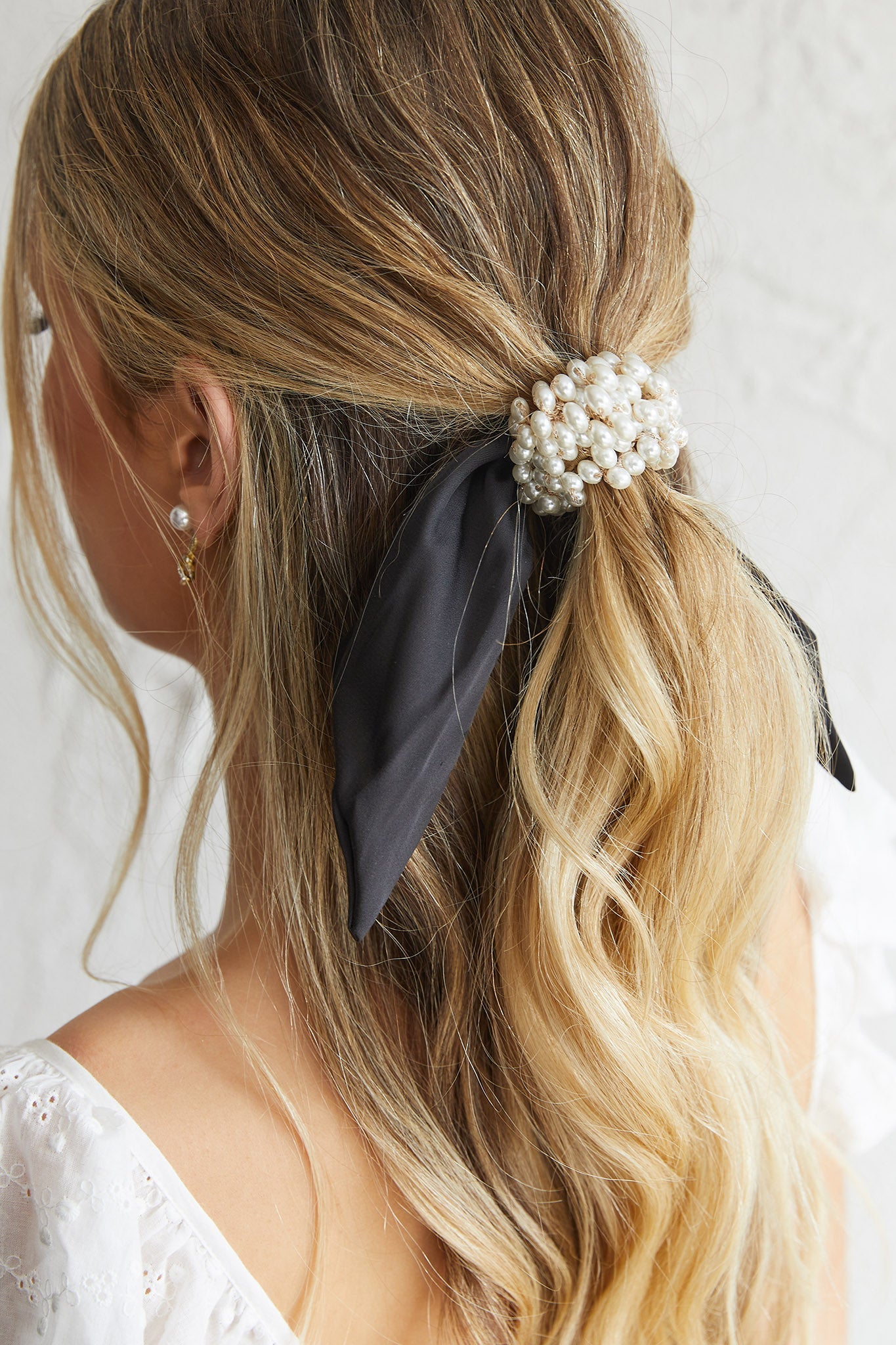 Carina Pearl & Satin Bow Hair Tie Black by Selfie Leslie