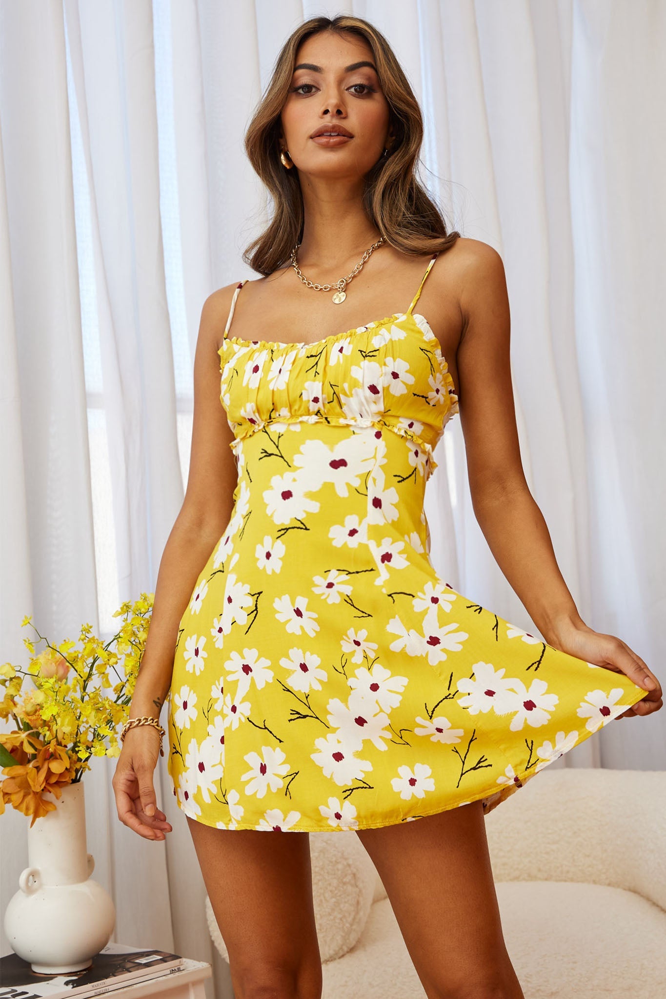 Sail Away Gathered Bust Frill Trim Summer Dress Floral Print Yellow by Selfie Leslie