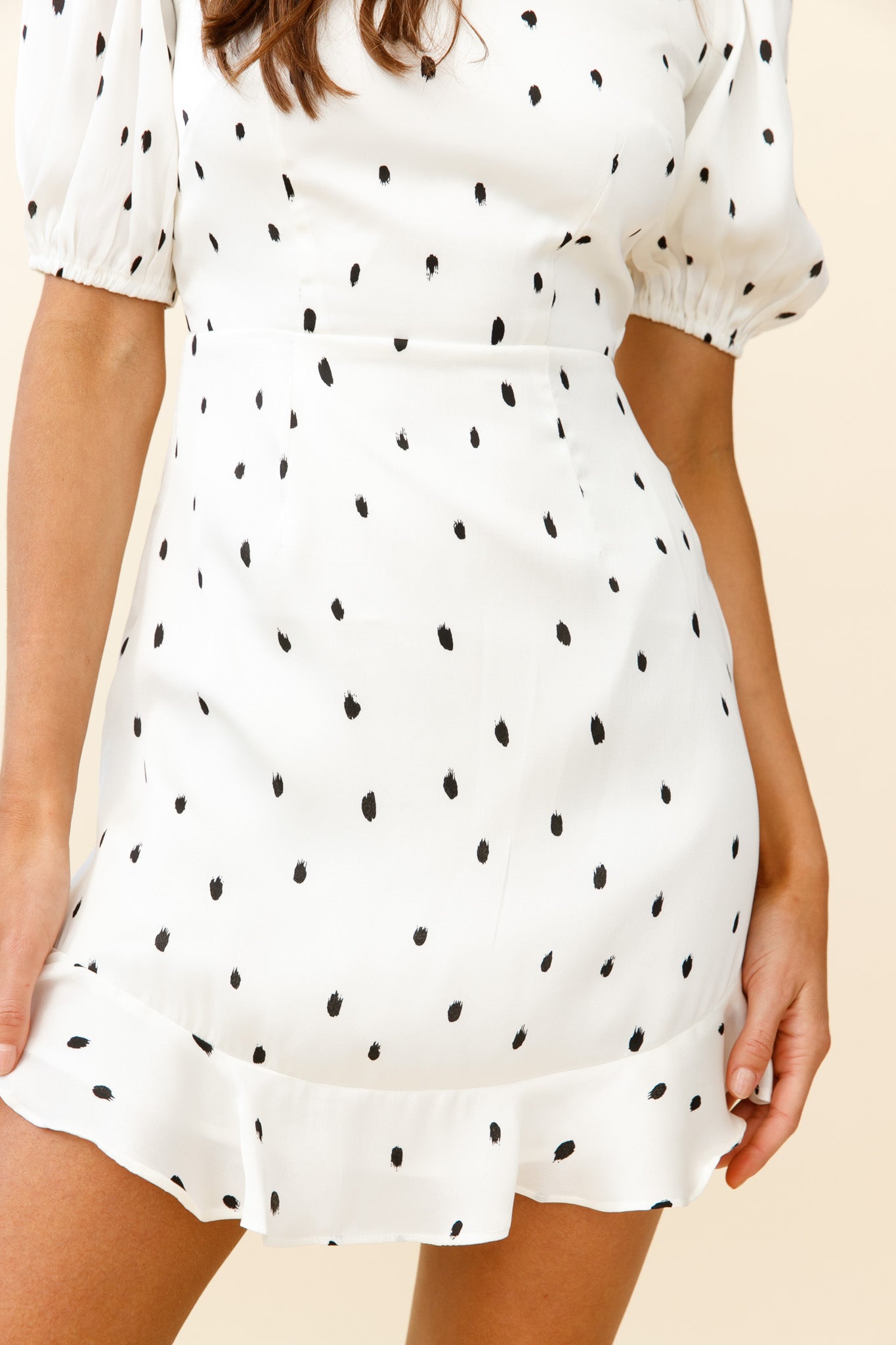 Indiana Puff Sleeve Lace-Up Back Dress Spot Print White by Selfie Leslie