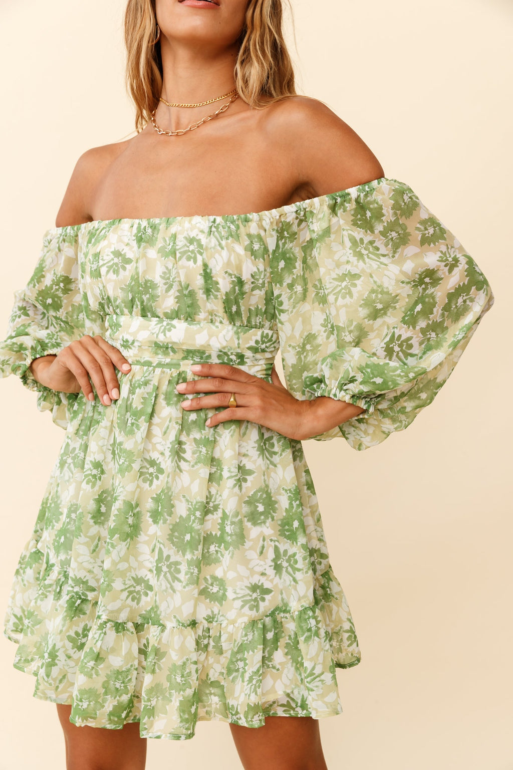 Abby Off-Shoulder Tie-Up Back Dress Floral Print Green by Selfie Leslie