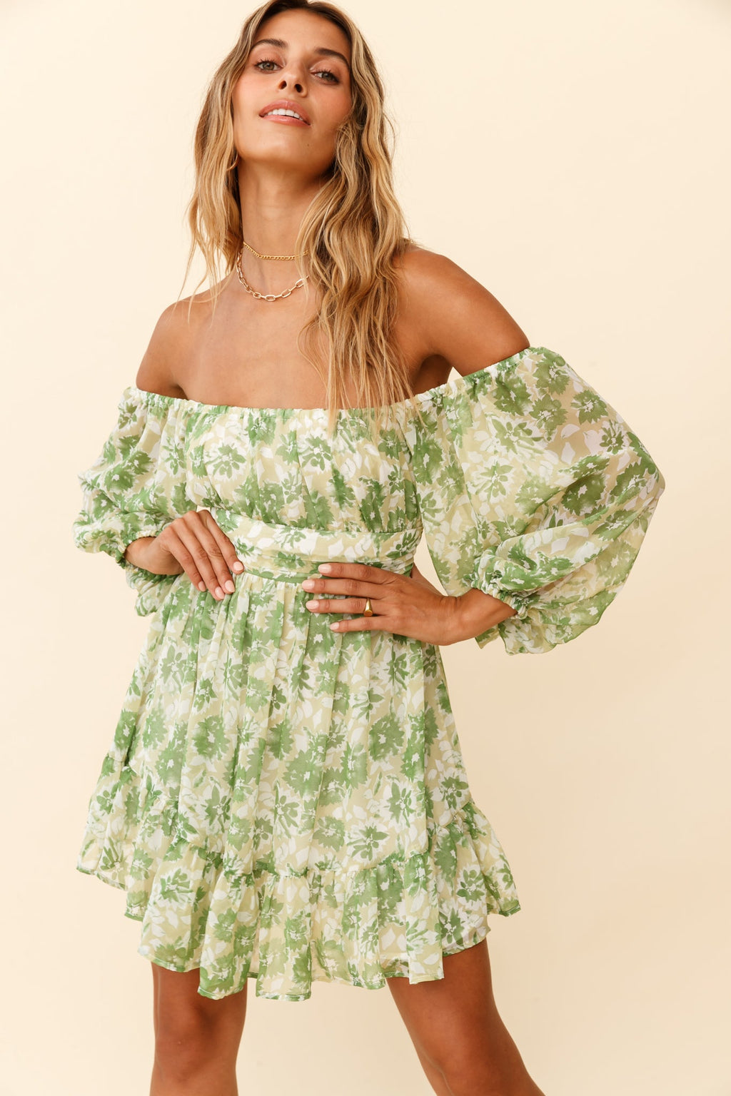 Abby Off-Shoulder Tie-Up Back Dress Floral Print Green by Selfie Leslie