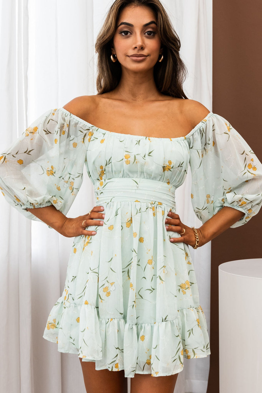 Abby Off-Shoulder Tie-Up Back Dress Floral Print Mint by Selfie Leslie