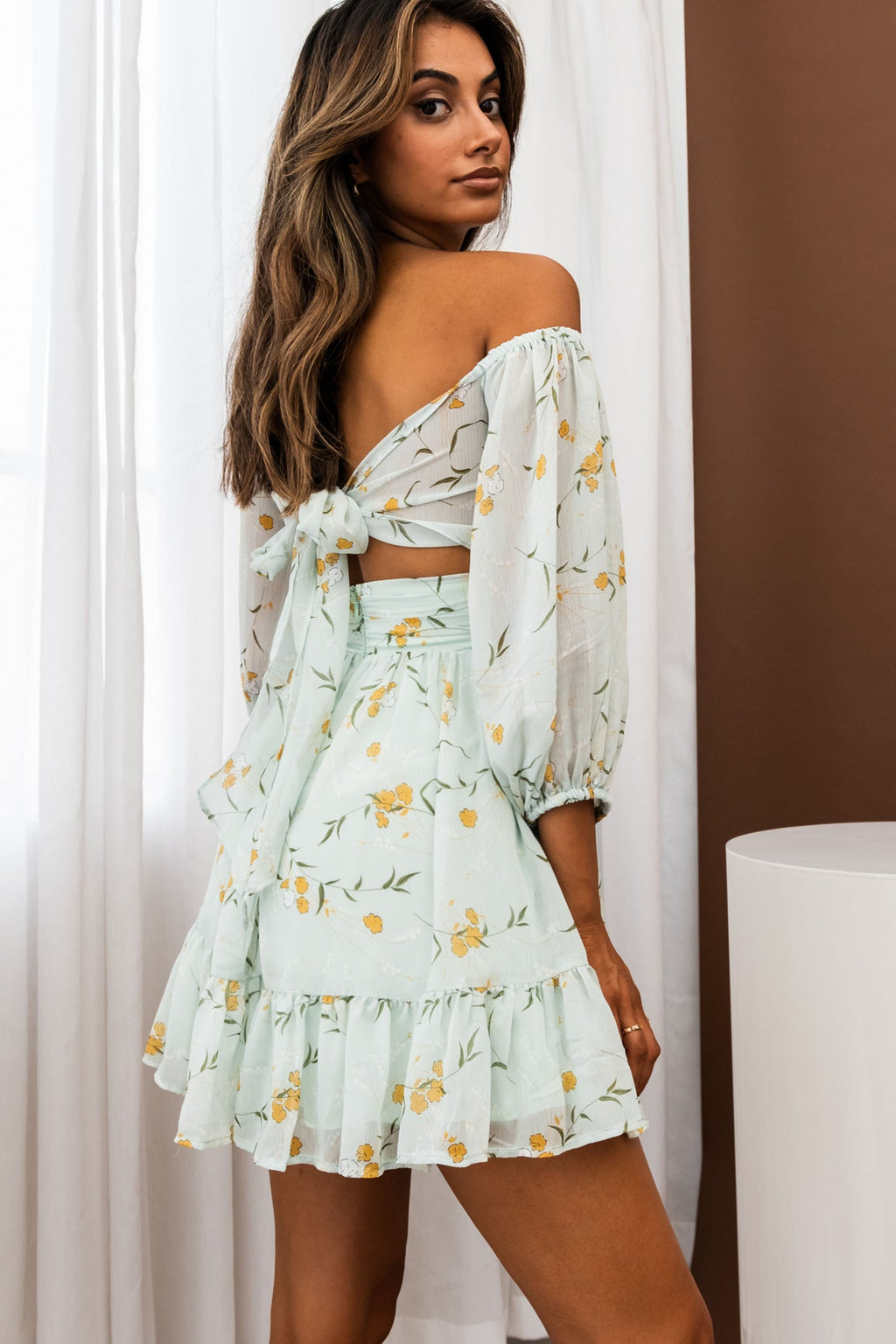 Abby Off-Shoulder Tie-Up Back Dress Floral Print Mint by Selfie Leslie