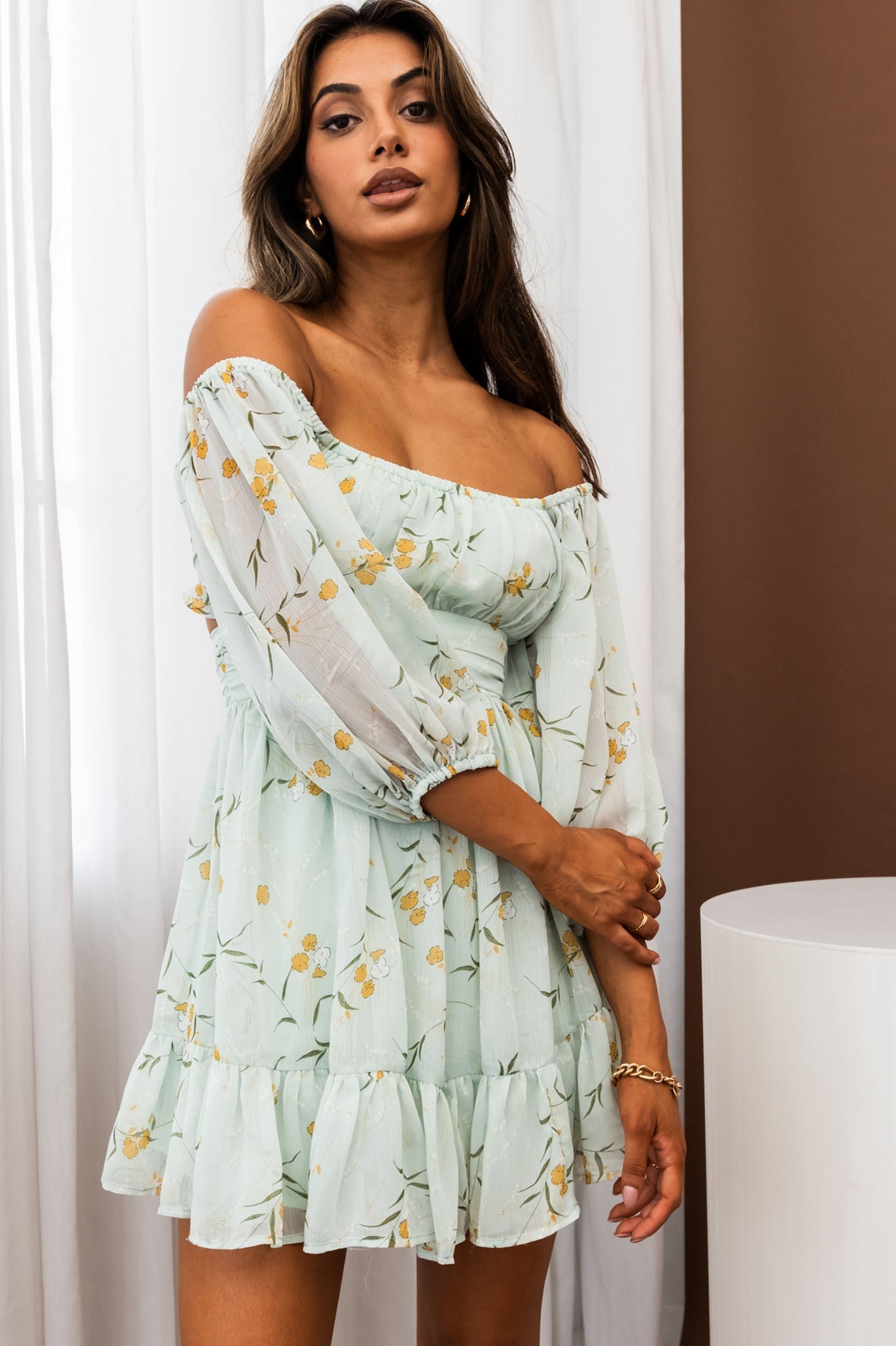 Abby Off-Shoulder Tie-Up Back Dress Floral Print Mint by Selfie Leslie