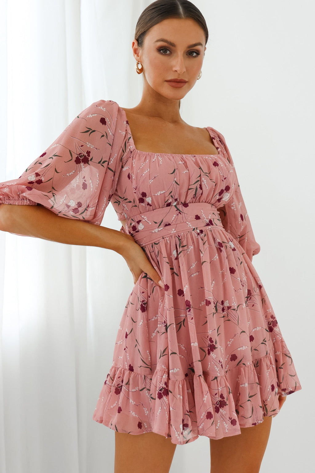 Abby Off-Shoulder Tie-Up Back Dress Floral Print Rose by Selfie Leslie