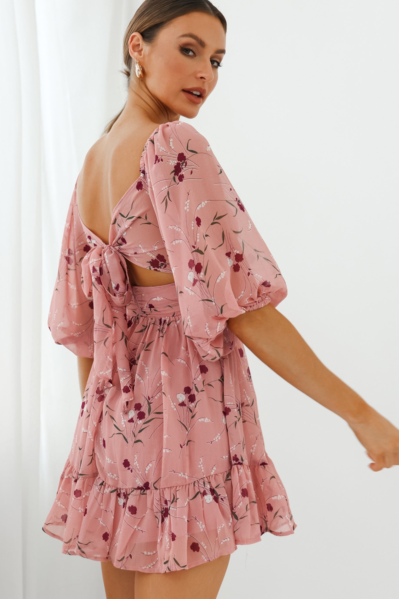 Abby Off-Shoulder Tie-Up Back Dress Floral Print Rose by Selfie Leslie