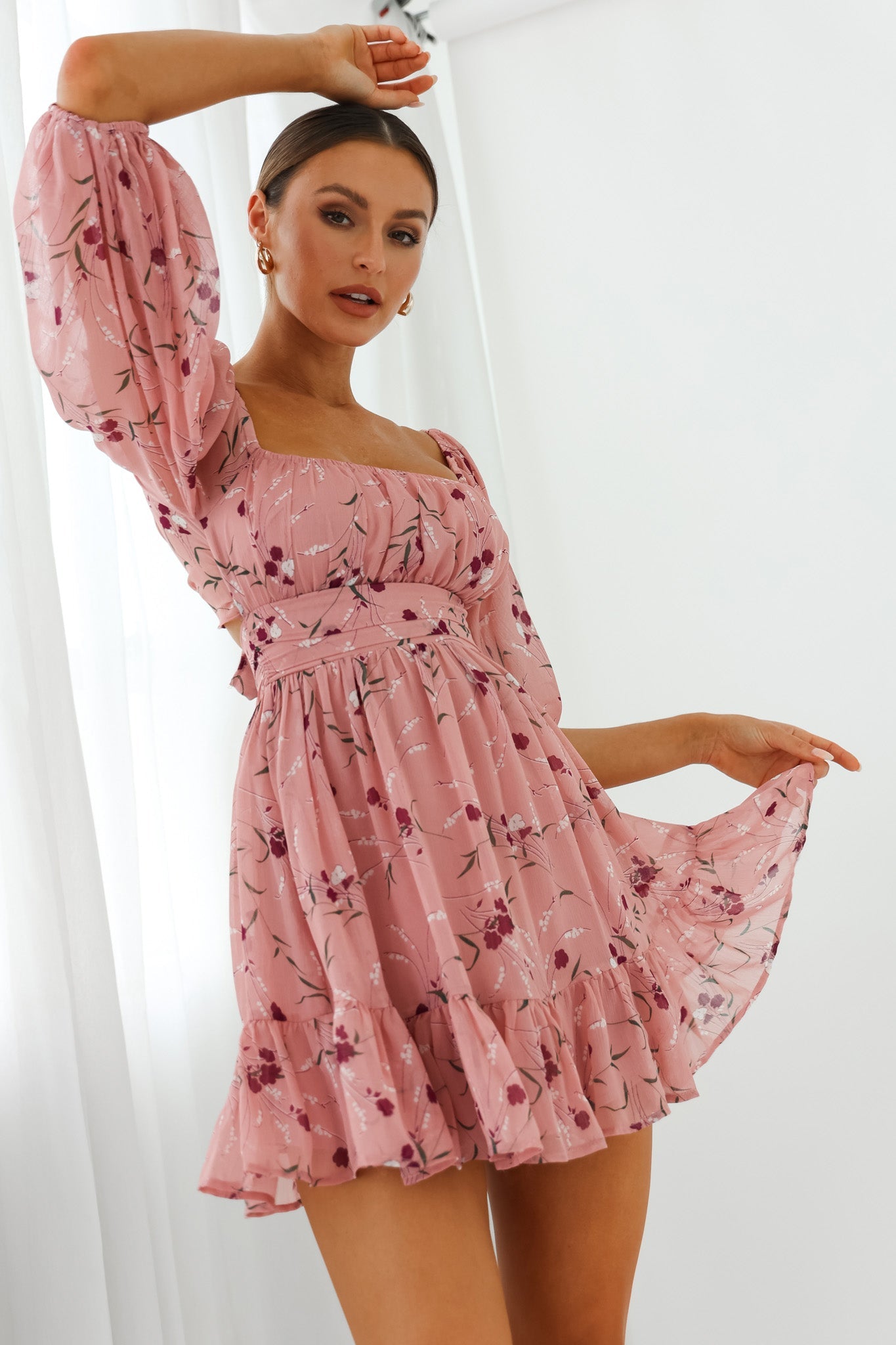 Abby Off-Shoulder Tie-Up Back Dress Floral Print Rose by Selfie Leslie