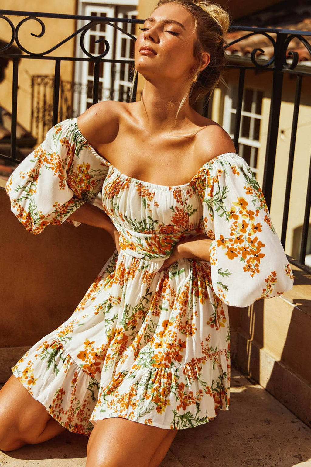 Abby Off-Shoulder Tie-Up Back Dress Floral Print Orange Multi by Selfie Leslie