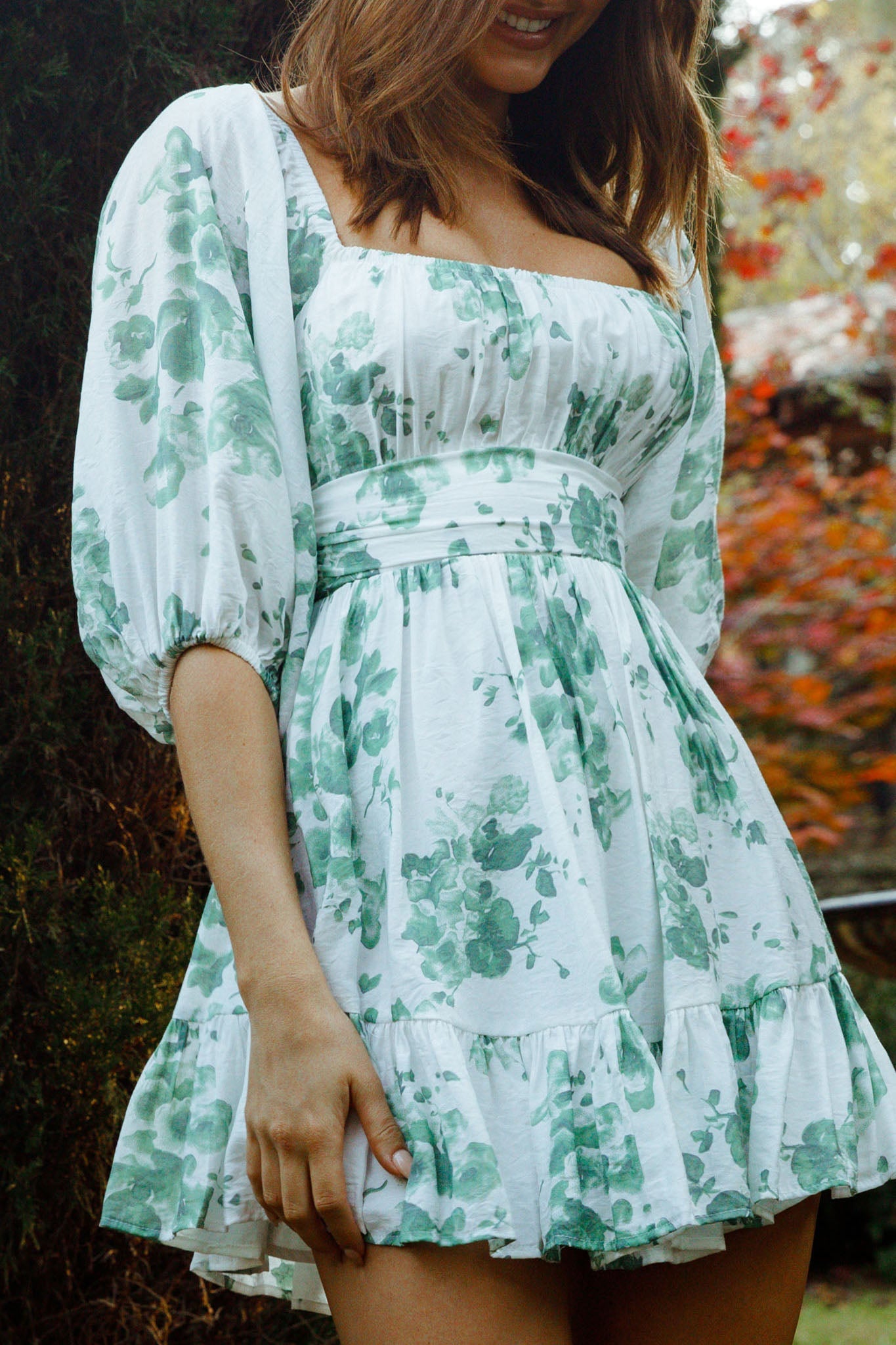 Abby Off-Shoulder Tie-Up Back Dress Watercolor Floral Print White/Olive by Selfie Leslie