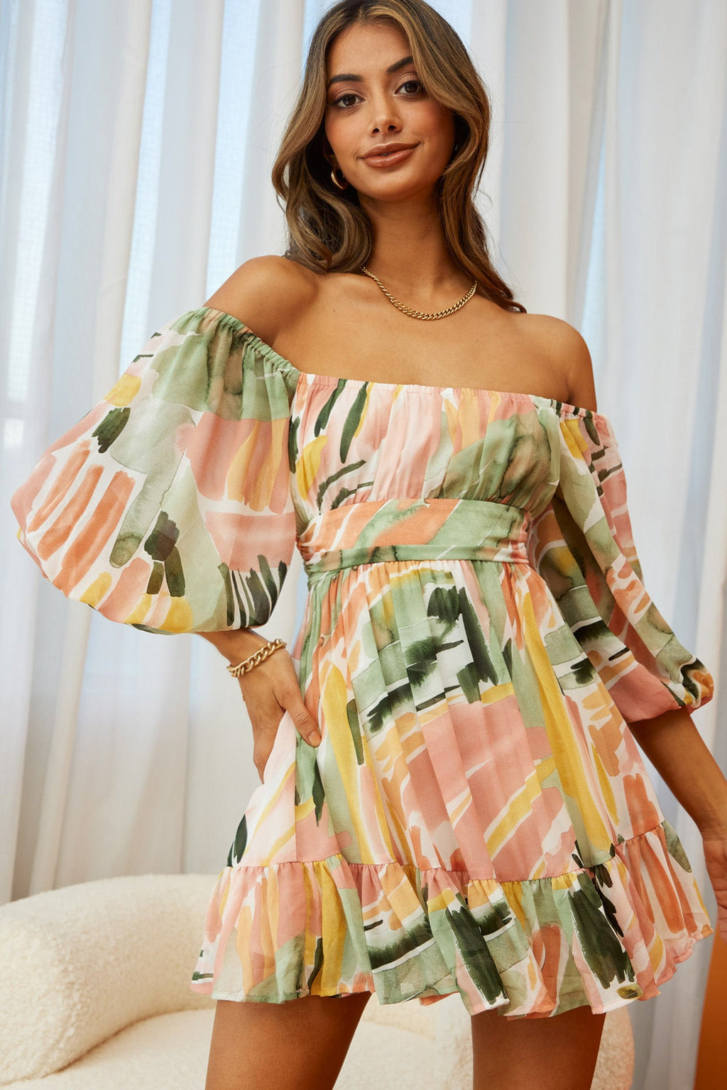 Abby Off-Shoulder Tie-Up Back Dress Watercolor Print Multi by Selfie Leslie