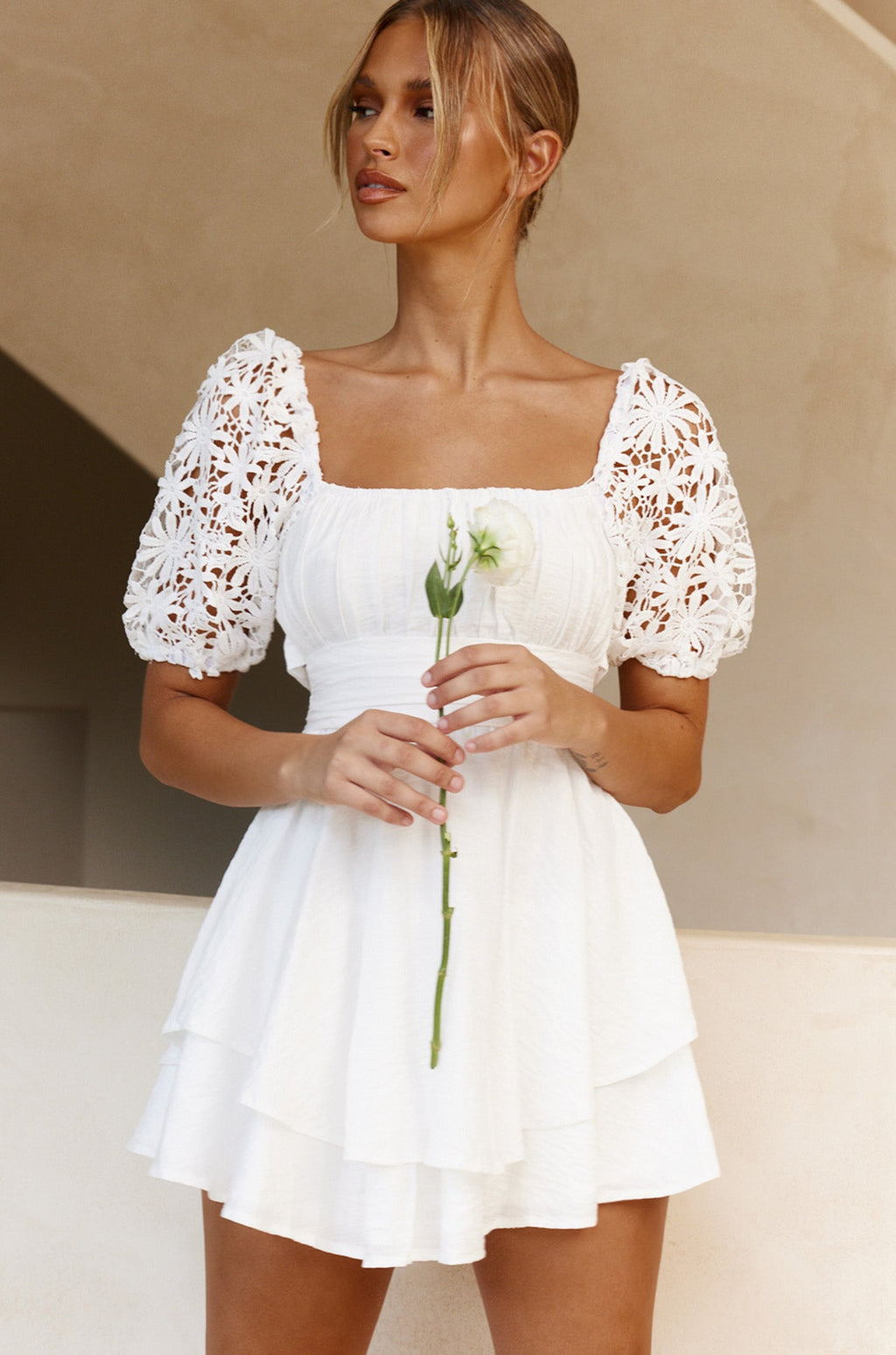 Abby Lace Puff Sleeve Tie-Up Back Dress White by Selfie Leslie