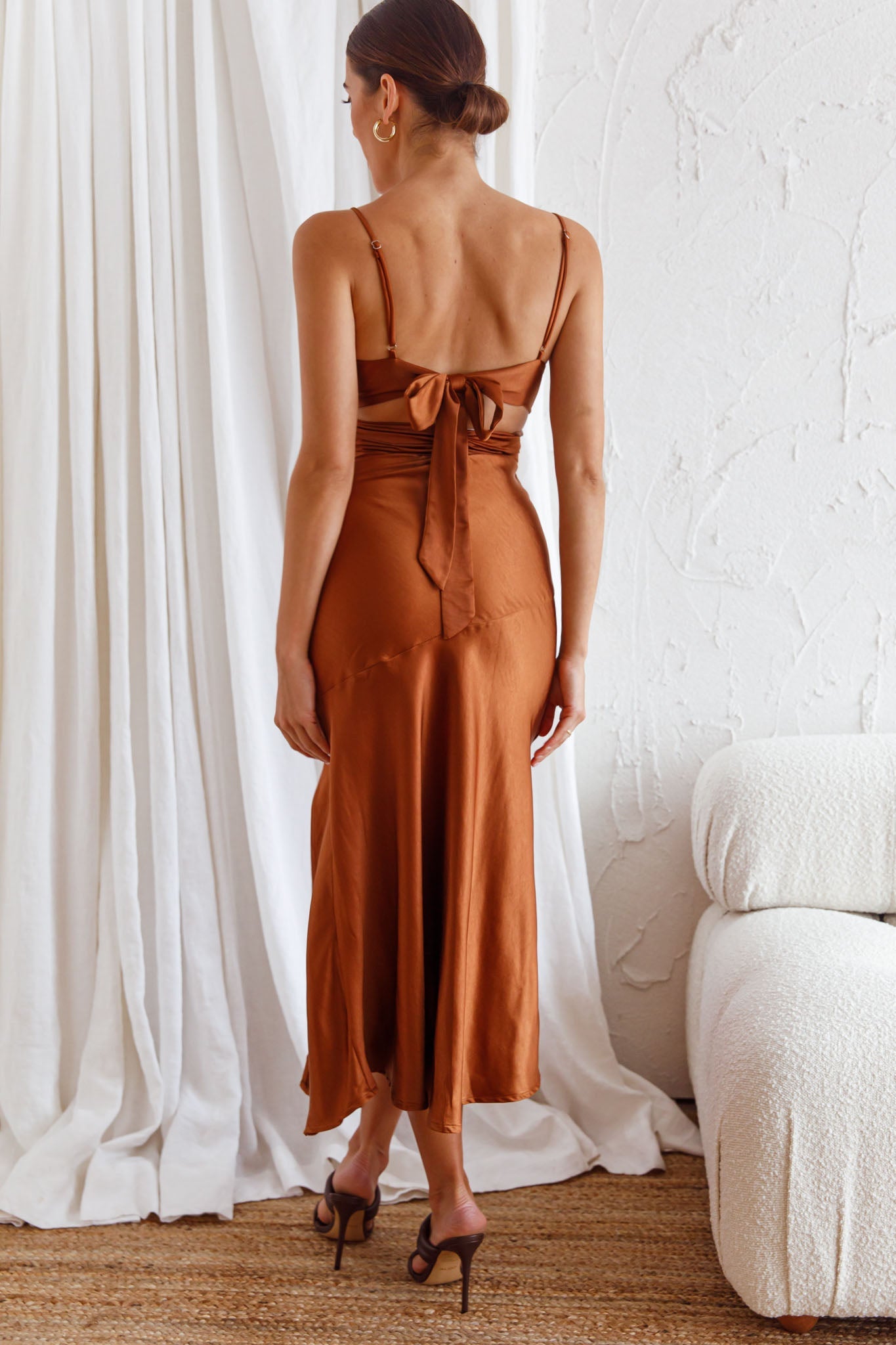 Abby Cami Strap Gathered Bust Front Split Midi Dress Chocolate by Selfie Leslie