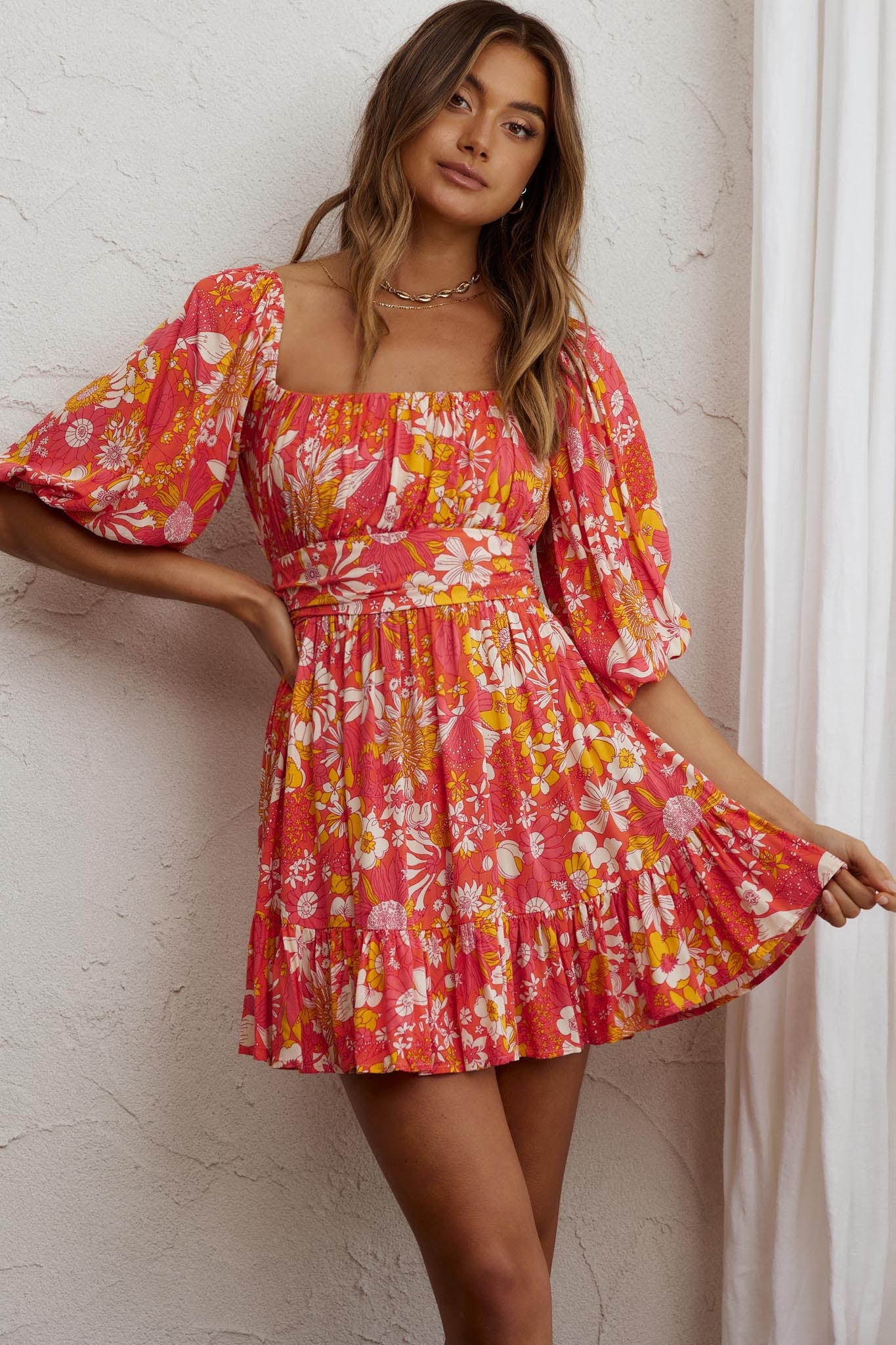 Abby Off-Shoulder Tie-Up Back Dress Retro Floral Orange by Selfie Leslie