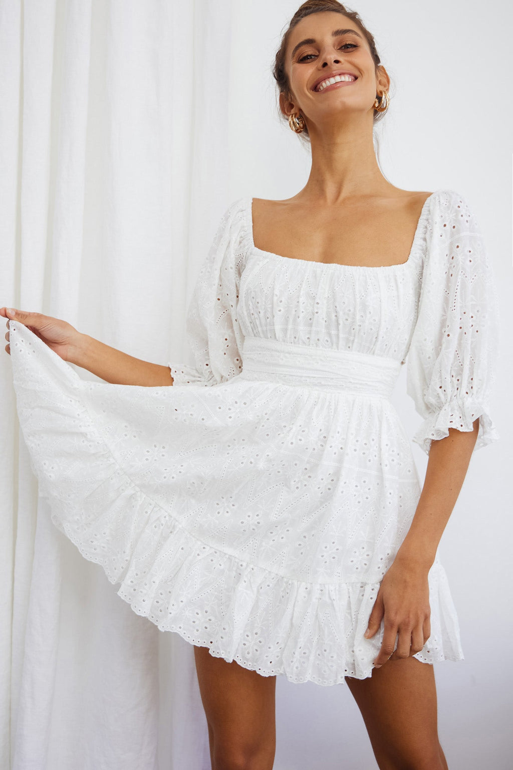 Abby Off-Shoulder Tie-Up Back Dress Eyelet Embroidery Dress White by Selfie Leslie