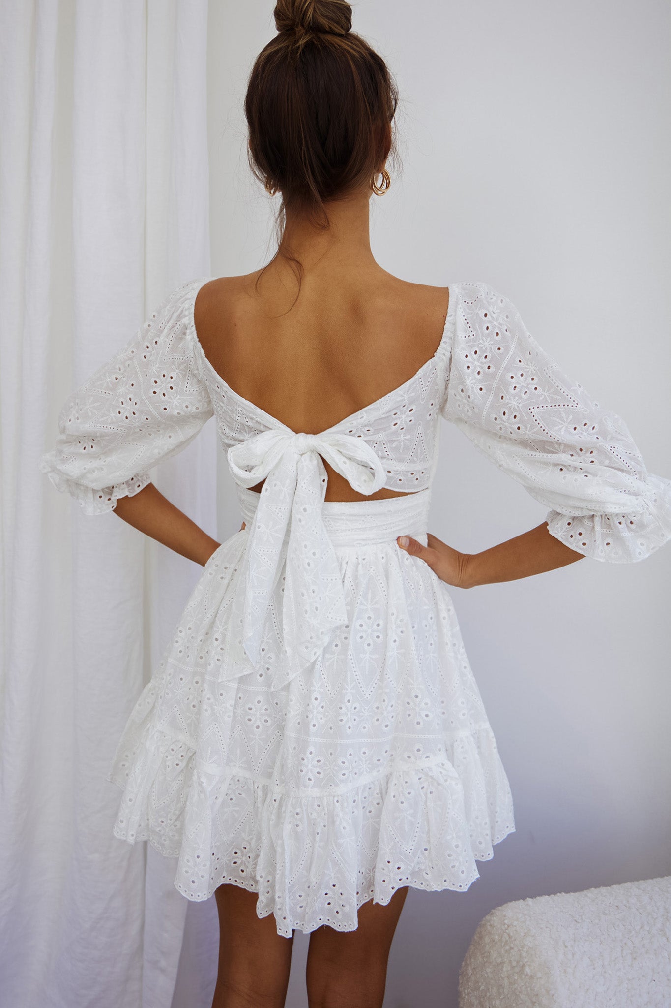 Abby Off-Shoulder Tie-Up Back Dress Eyelet Embroidery Dress White by Selfie Leslie