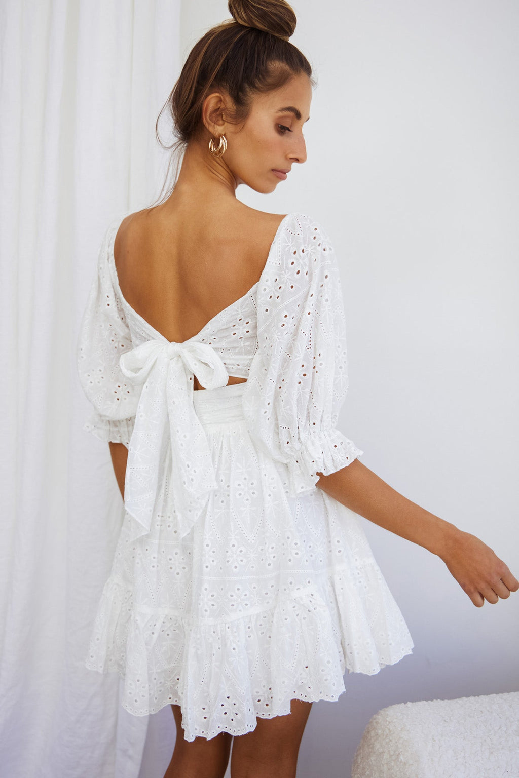 Abby Off-Shoulder Tie-Up Back Dress Eyelet Embroidery Dress White by Selfie Leslie