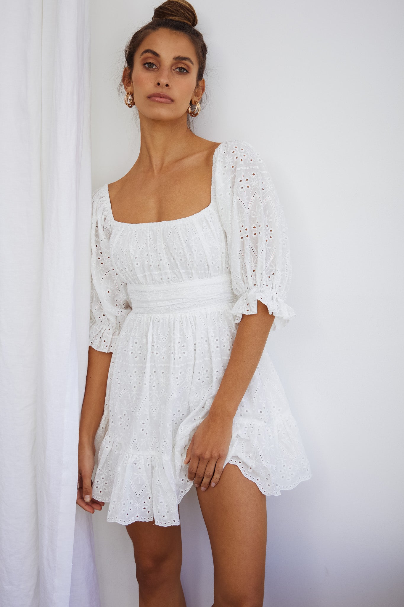 Abby Off-Shoulder Tie-Up Back Dress Eyelet Embroidery Dress White by Selfie Leslie