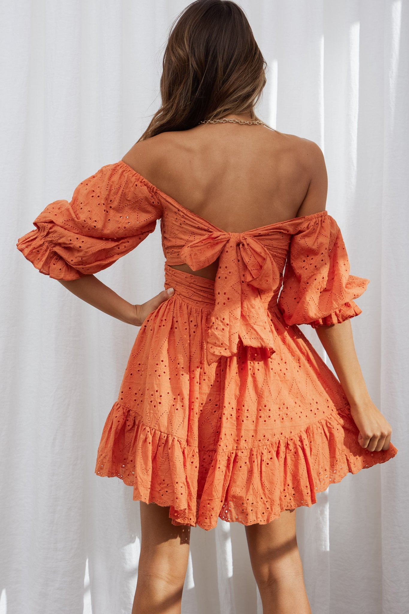 Abby Off-Shoulder Tie-Up Back Dress Eyelet Embroidery Dress Orange by Selfie Leslie