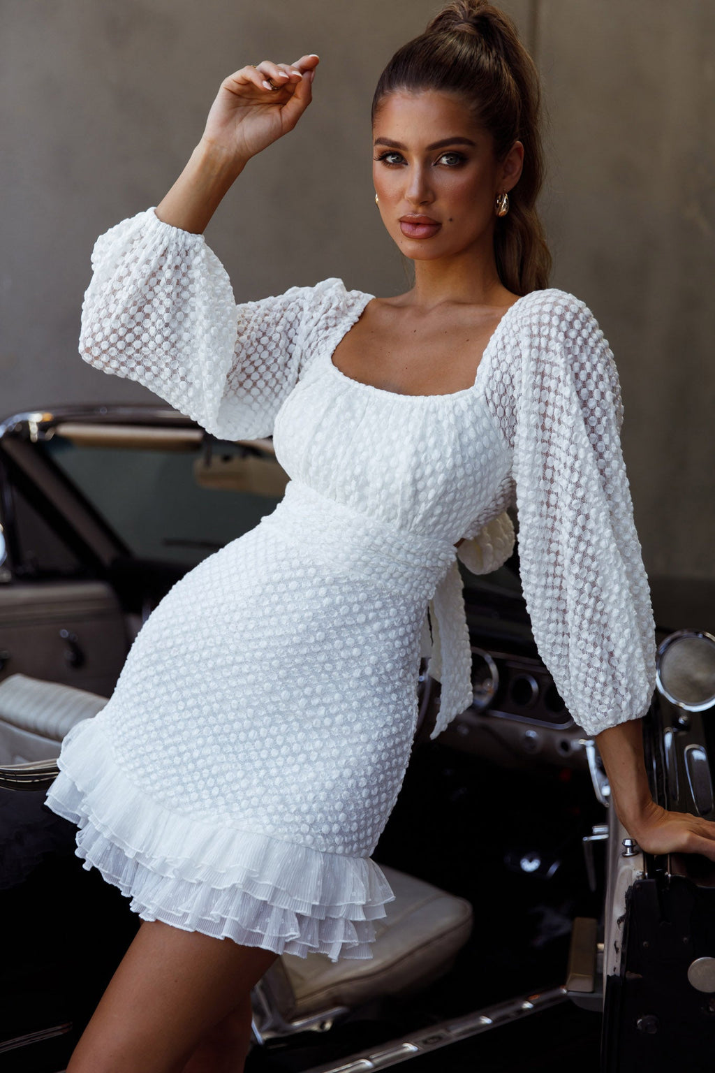 Abby Frill Hem Lace Dress White by Selfie Leslie