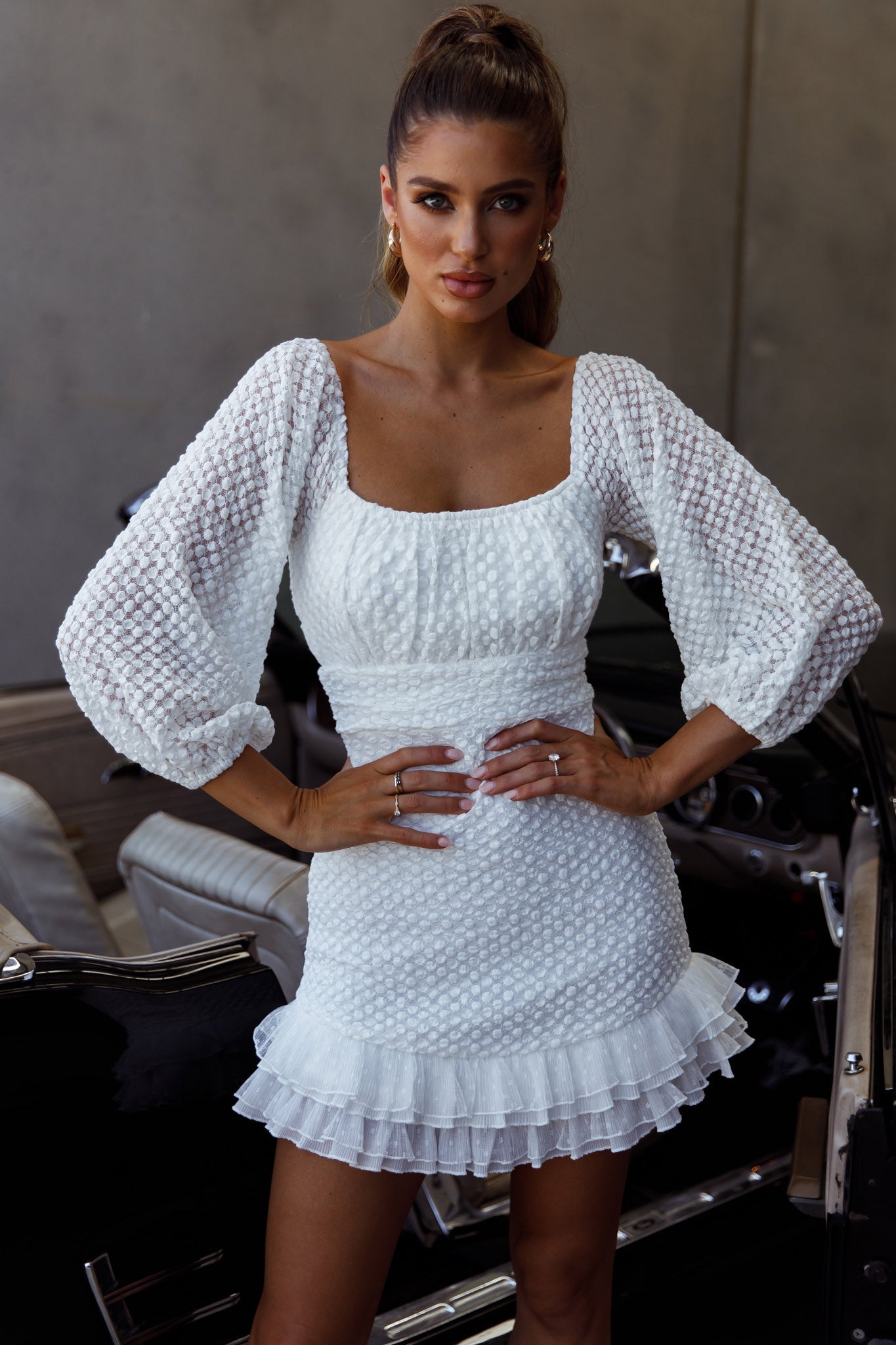 Abby Frill Hem Lace Dress White by Selfie Leslie