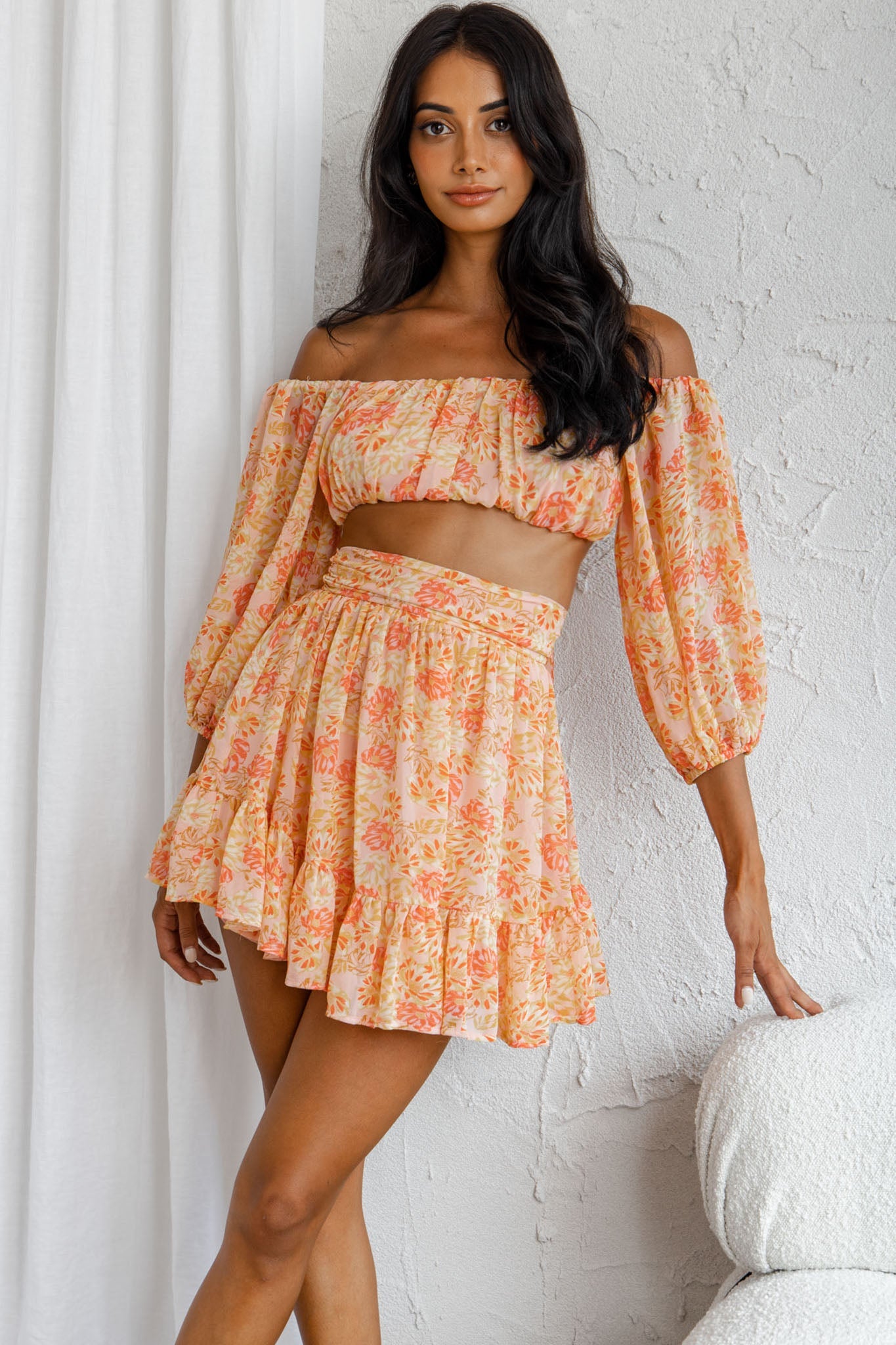 Abby Waistband A-Line Ruffle Hem Skirt Floral Print Pink by Selfie Leslie