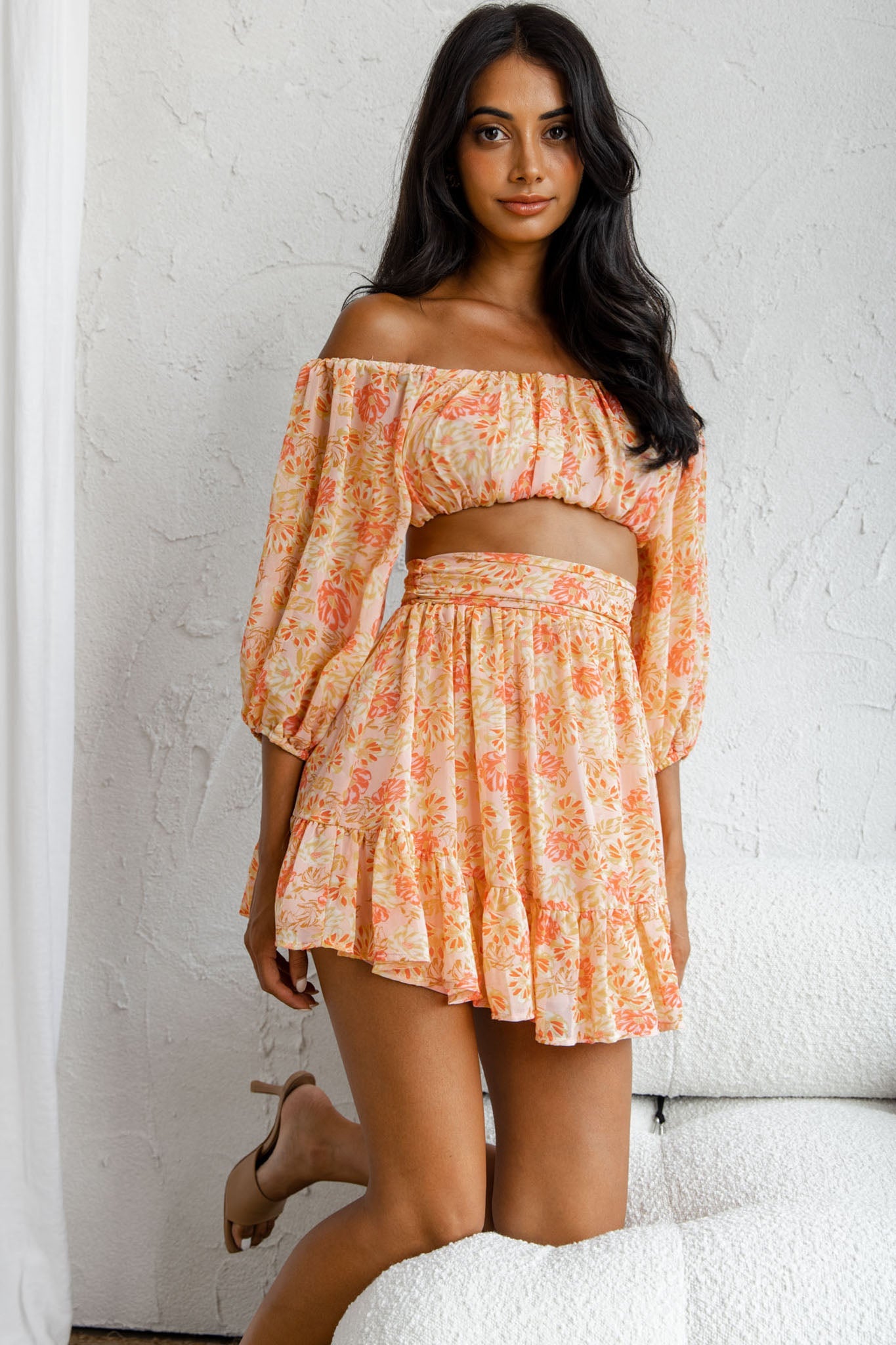 Abby Waistband A-Line Ruffle Hem Skirt Floral Print Pink by Selfie Leslie