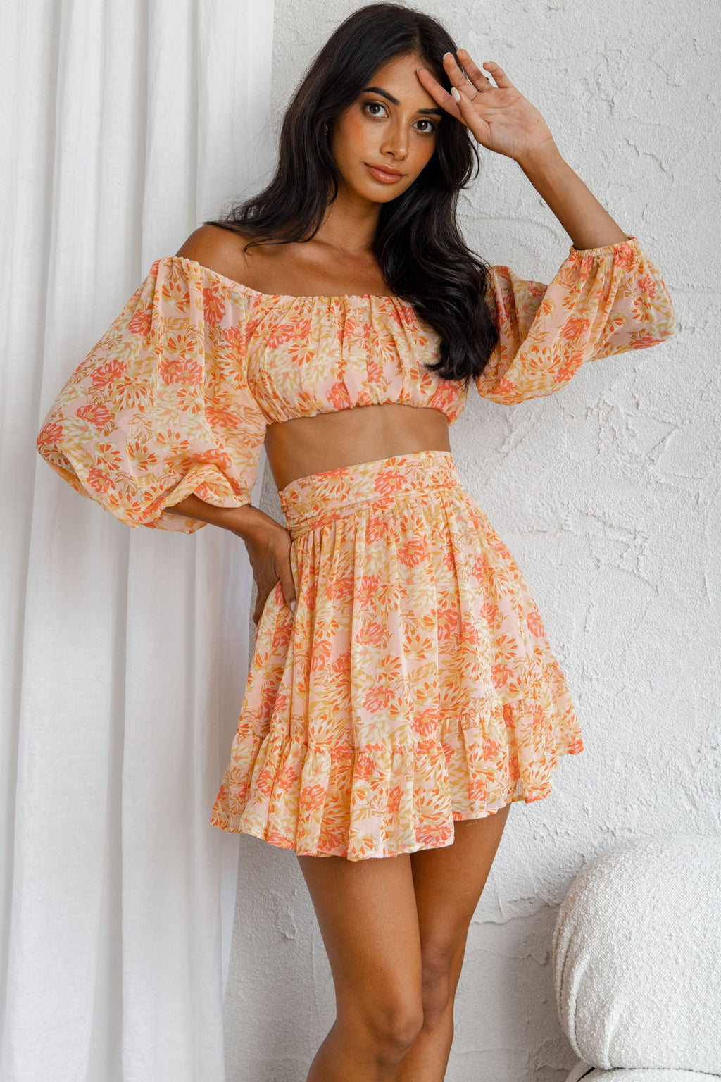 Abby Off-Shoulder Tie-Up Back Crop Top Floral Print Pink by Selfie Leslie