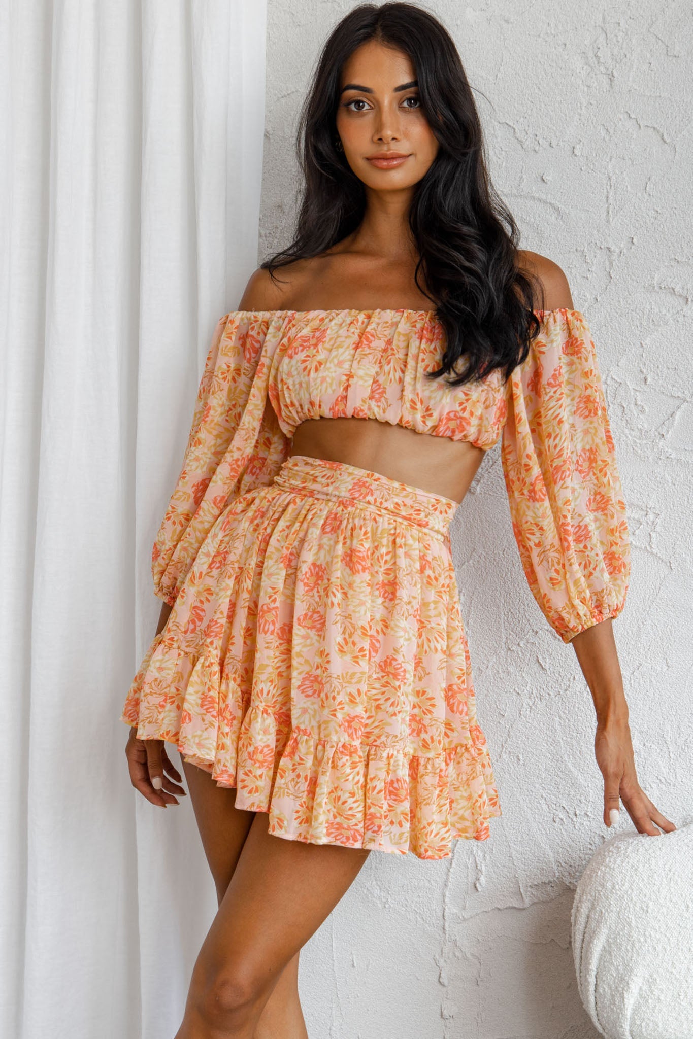 Abby Off-Shoulder Tie-Up Back Crop Top Floral Print Pink by Selfie Leslie