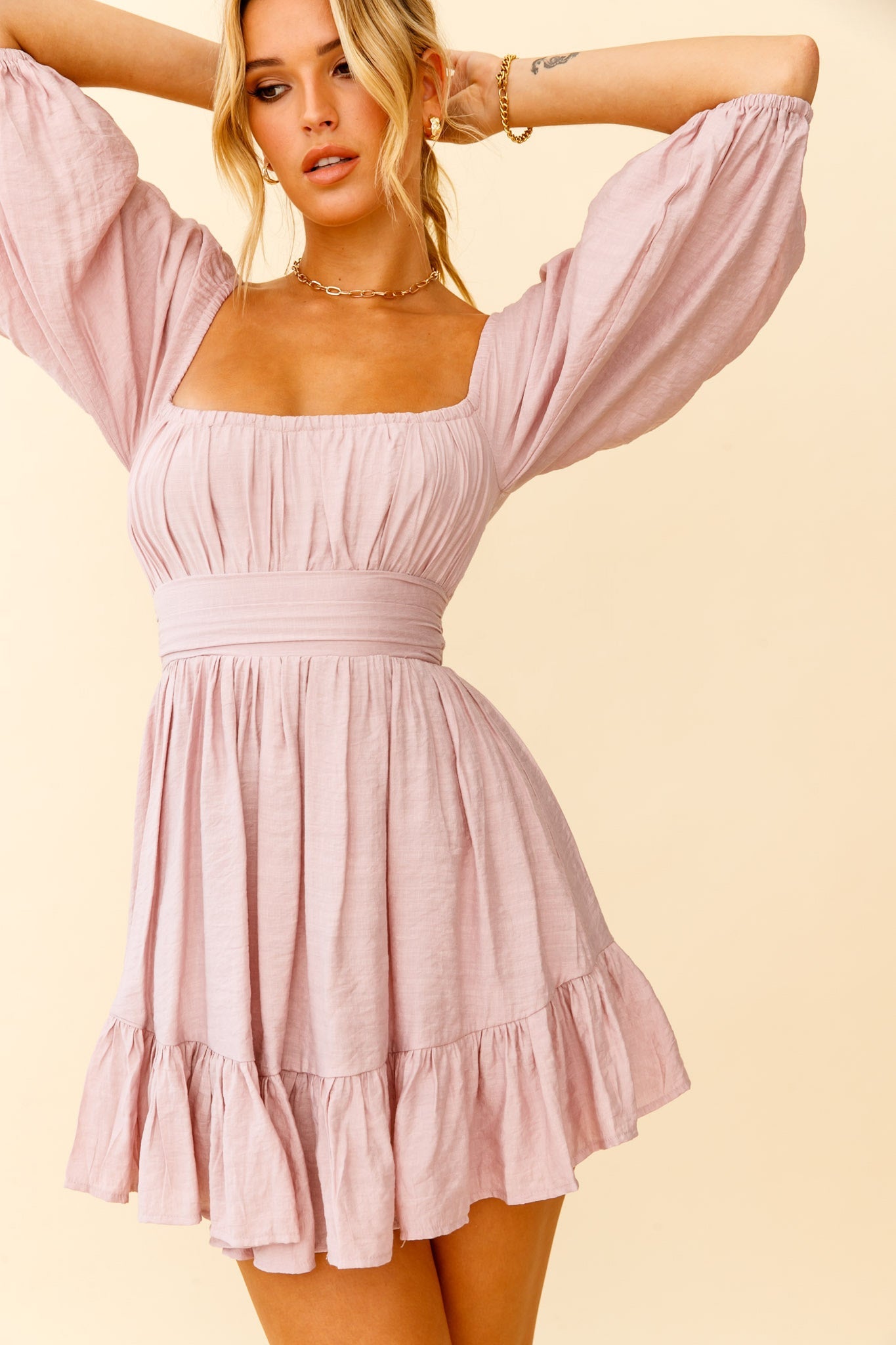 Abby Off-Shoulder Tie-Up Back Dress Blush by Selfie Leslie
