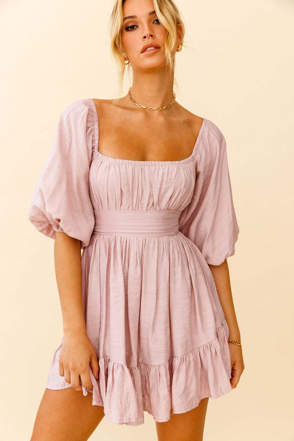Abby Off-Shoulder Tie-Up Back Dress Blush by Selfie Leslie
