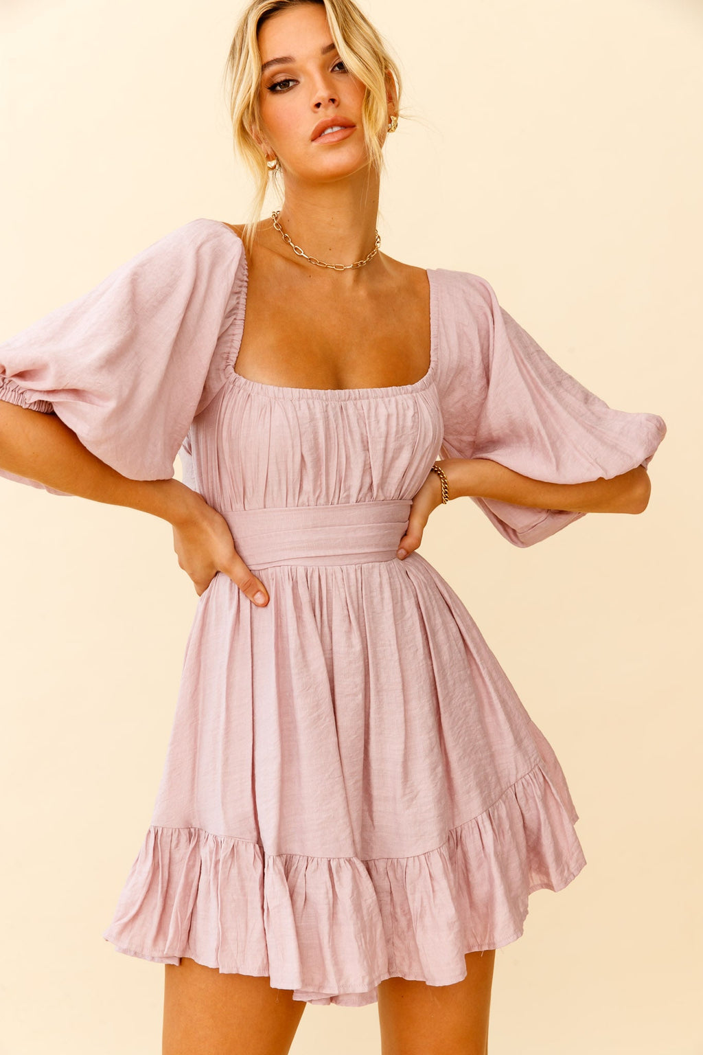 Abby Off-Shoulder Tie-Up Back Dress Blush by Selfie Leslie
