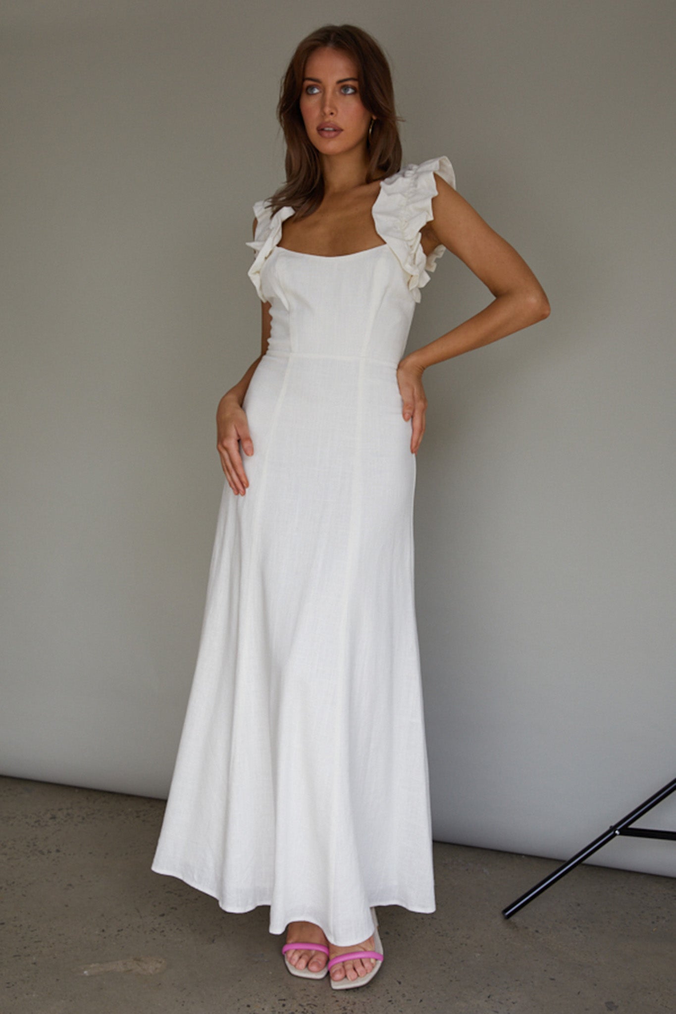 Bronte Ruffle Strap Midi Dress Cream by Selfie Leslie Australia