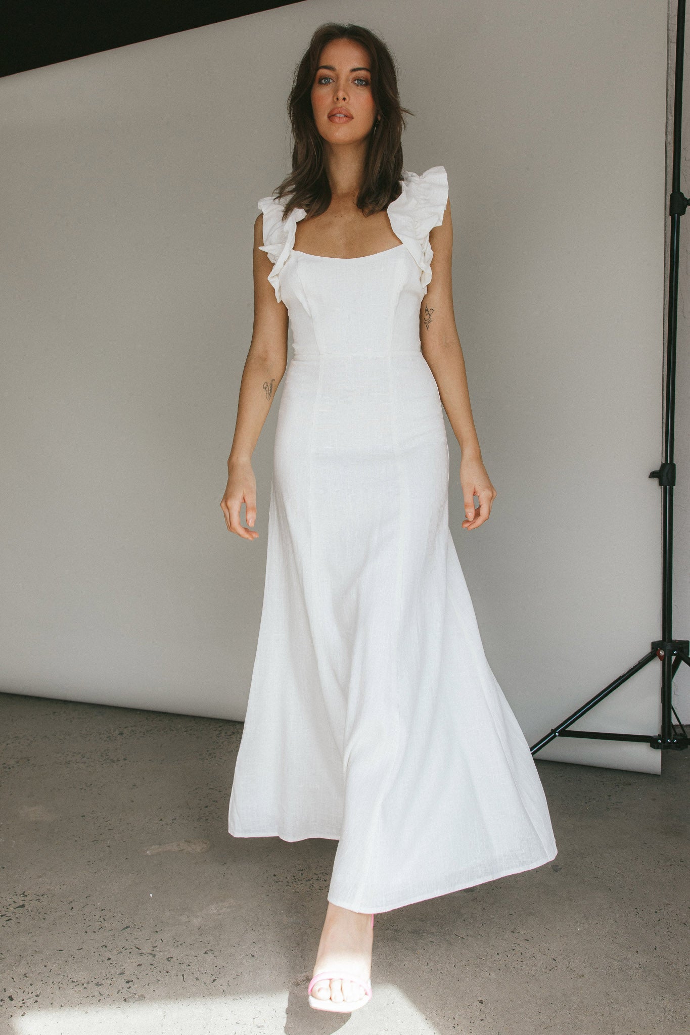 Bronte Ruffle Strap Midi Dress Cream by Selfie Leslie Australia