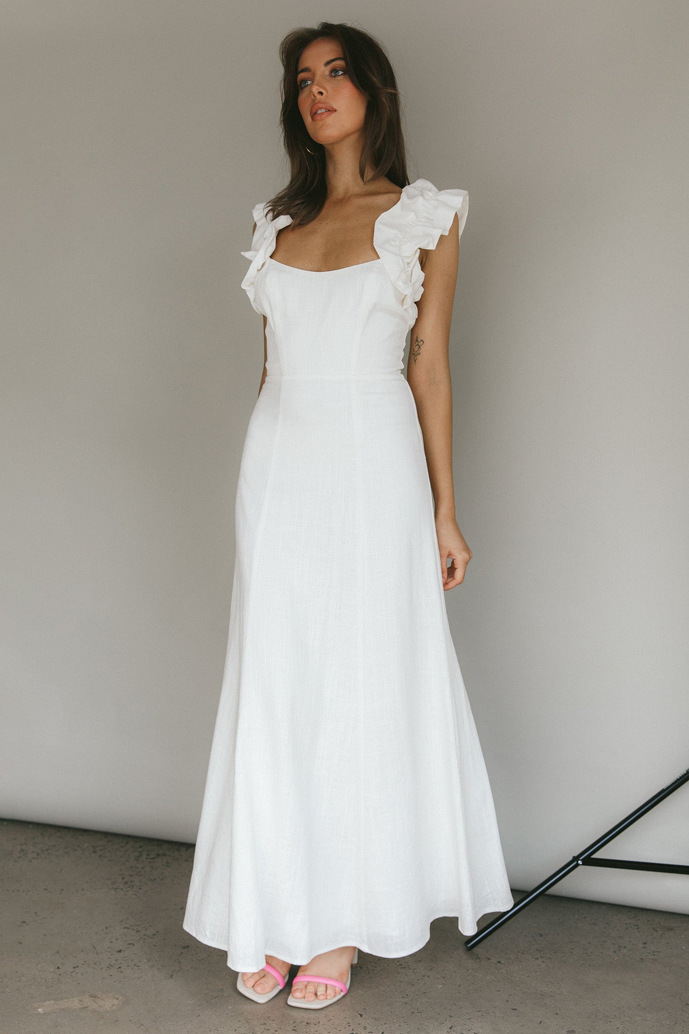 Bronte Ruffle Strap Midi Dress Cream by Selfie Leslie Australia