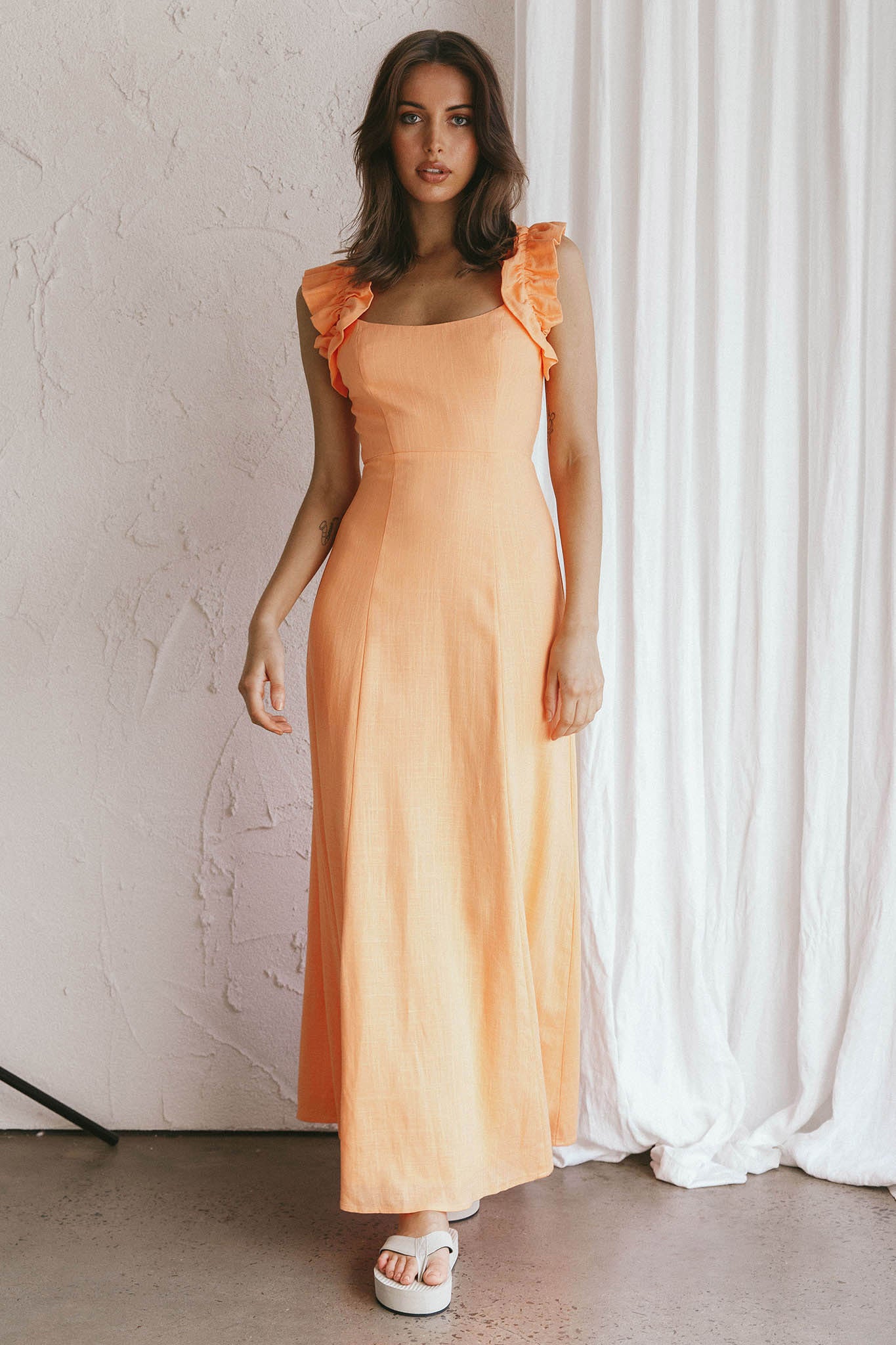 Bronte Ruffle Strap Midi Dress Papaya by Selfie Leslie Australia