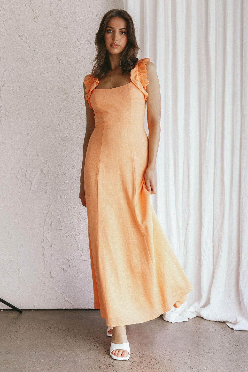 Bronte Ruffle Strap Midi Dress Papaya by Selfie Leslie Australia