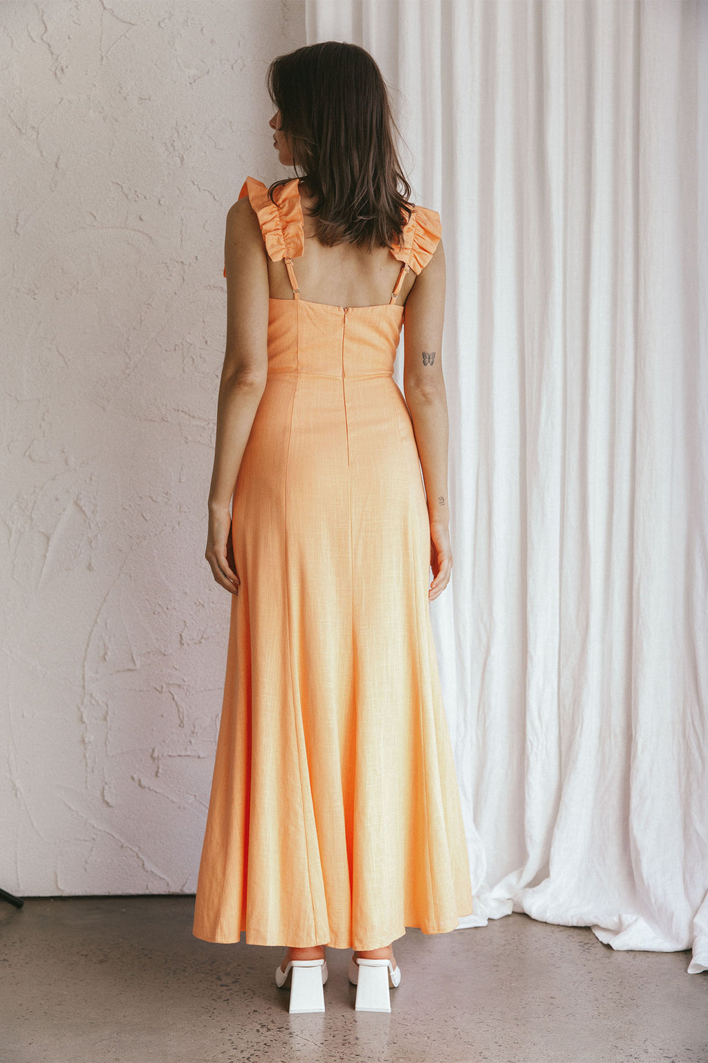 Bronte Ruffle Strap Midi Dress Papaya by Selfie Leslie Australia
