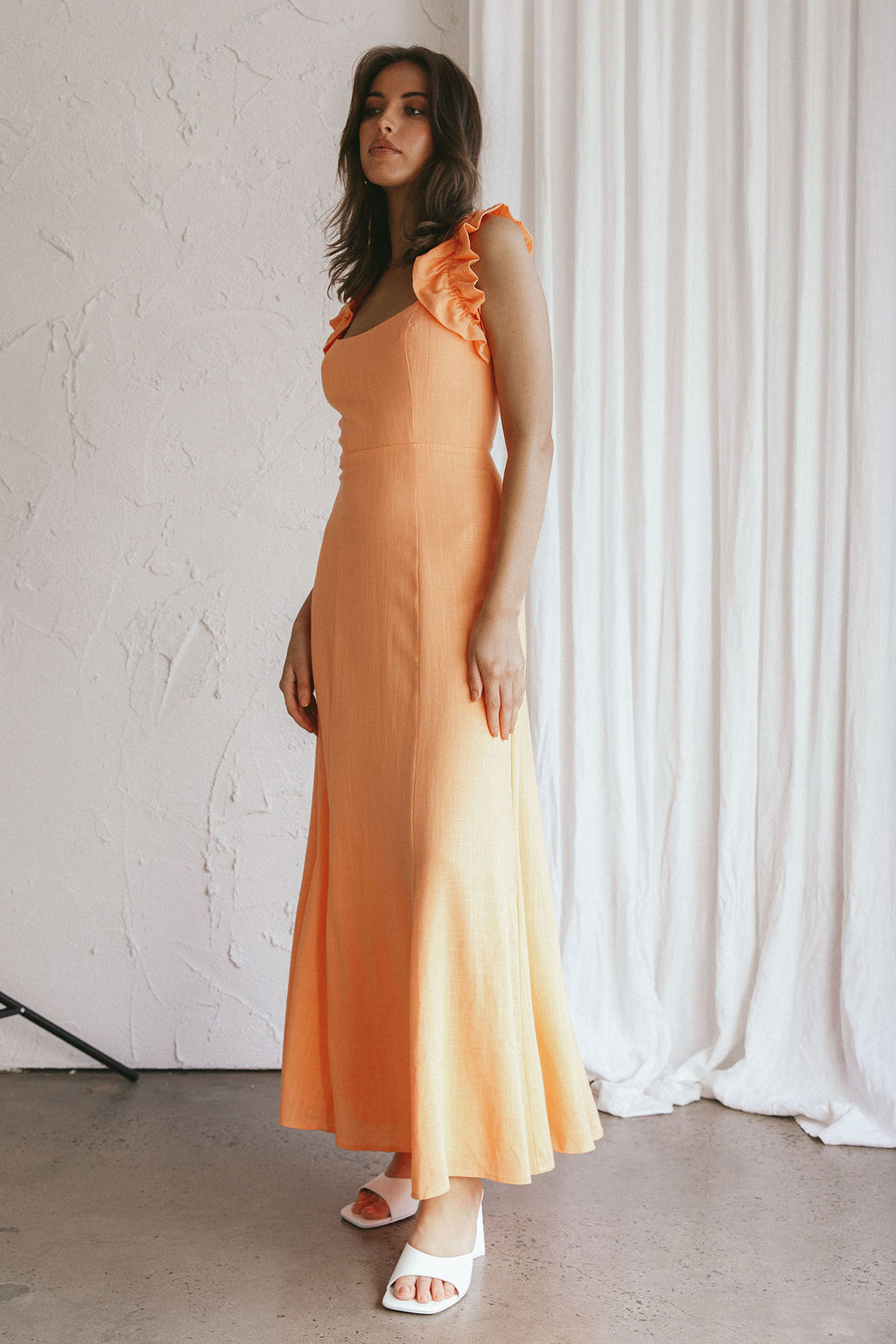 Bronte Ruffle Strap Midi Dress Papaya by Selfie Leslie Australia