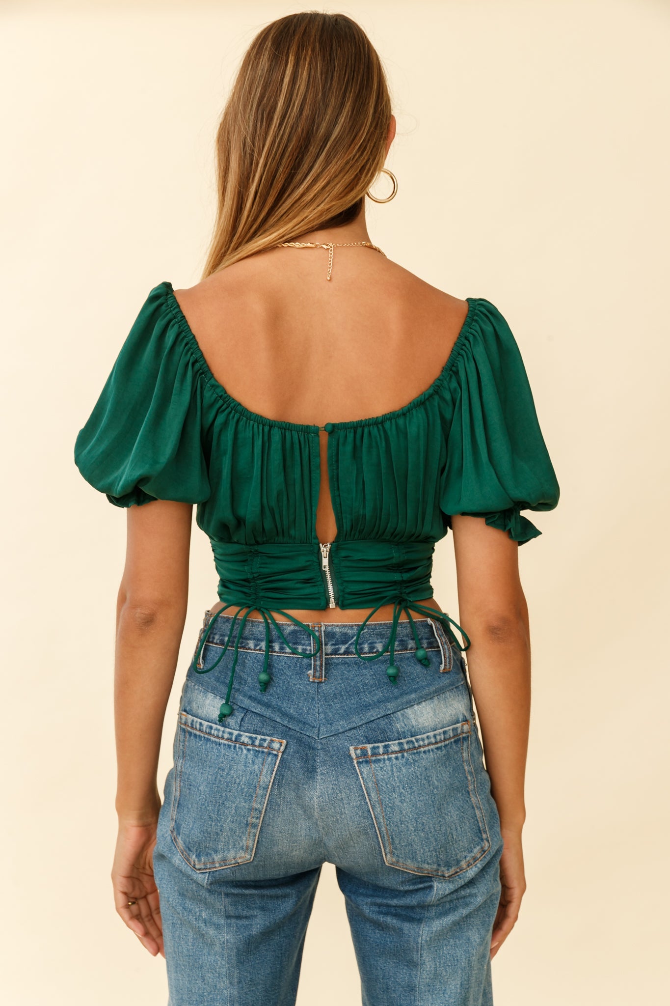 Bright Side Puff Sleeve Ruched Crop Top Forest Green by Selfie Leslie