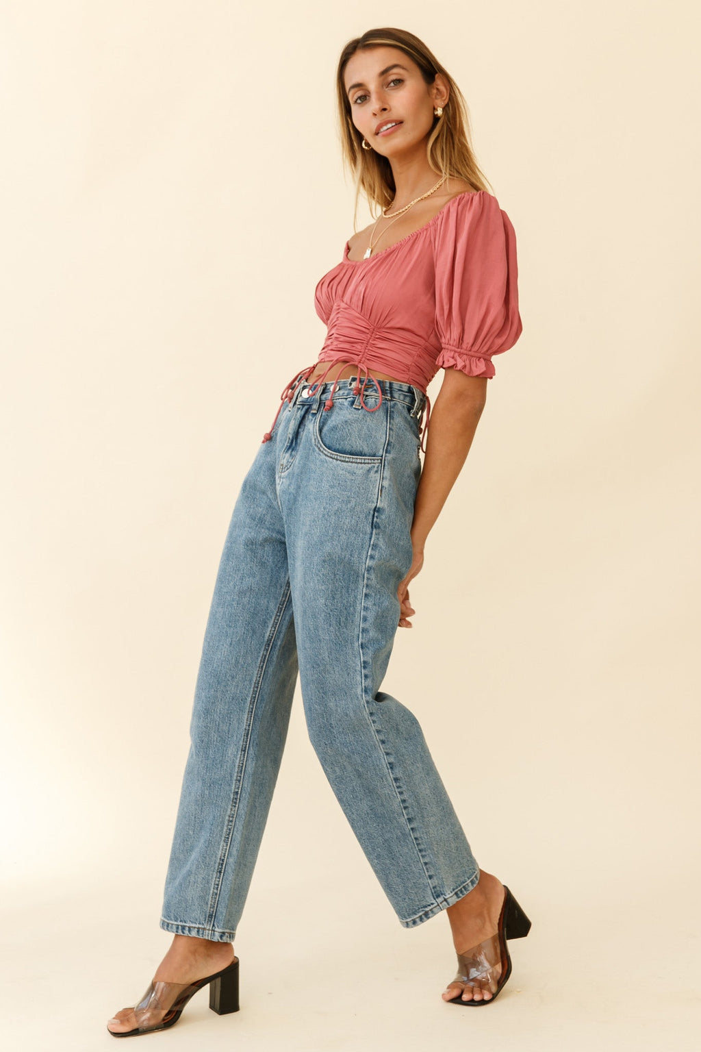 Bright Side Puff Sleeve Ruched Crop Top Rose by Selfie Leslie