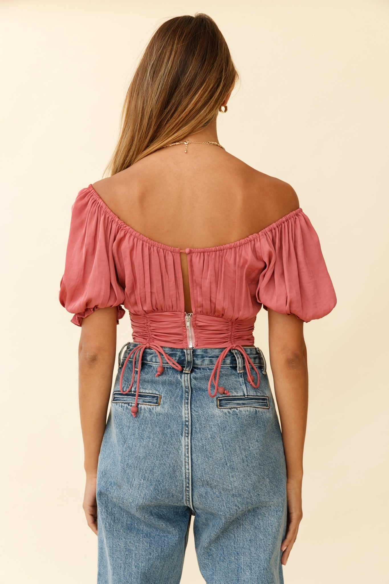 Bright Side Puff Sleeve Ruched Crop Top Rose by Selfie Leslie