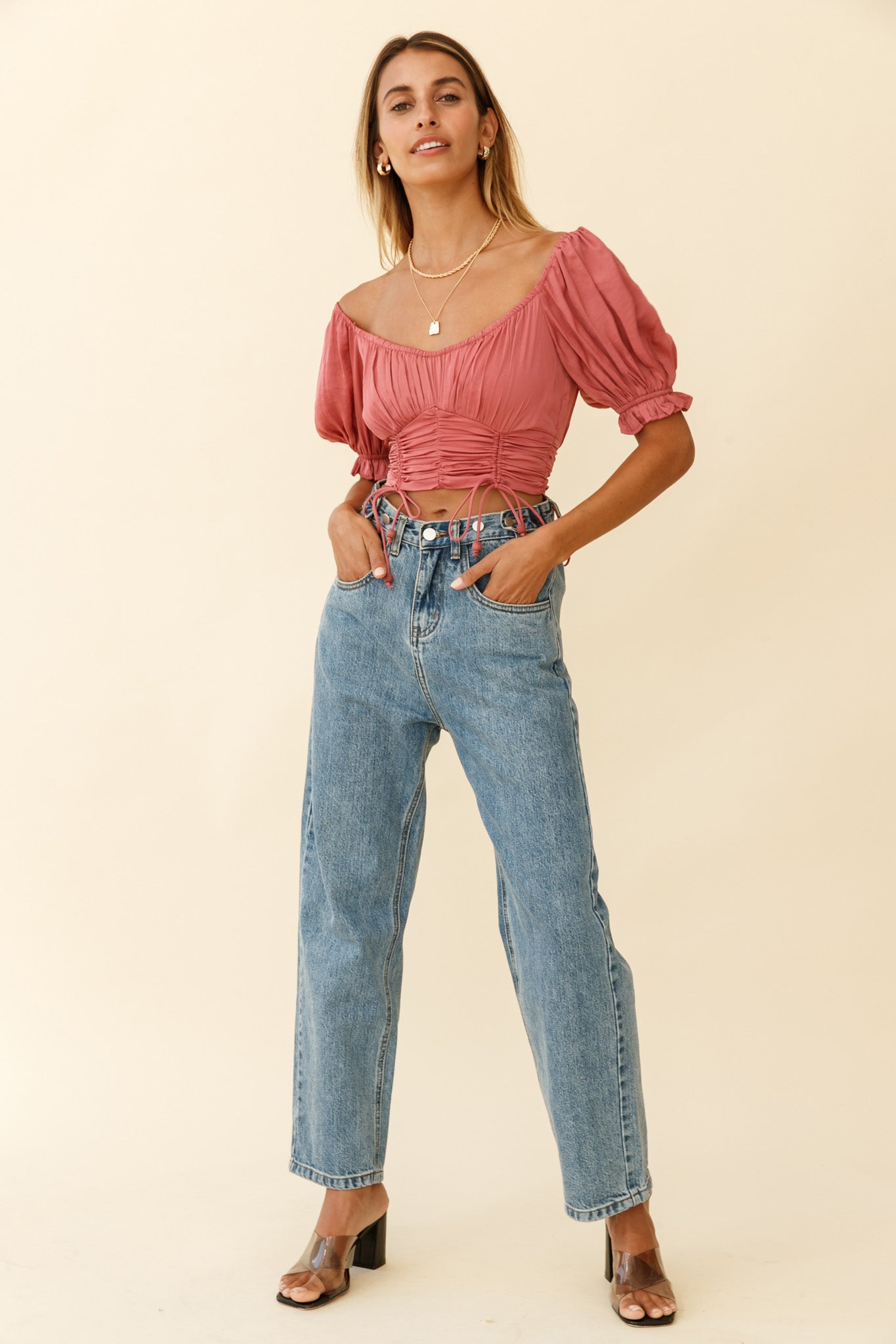 Bright Side Puff Sleeve Ruched Crop Top Rose by Selfie Leslie