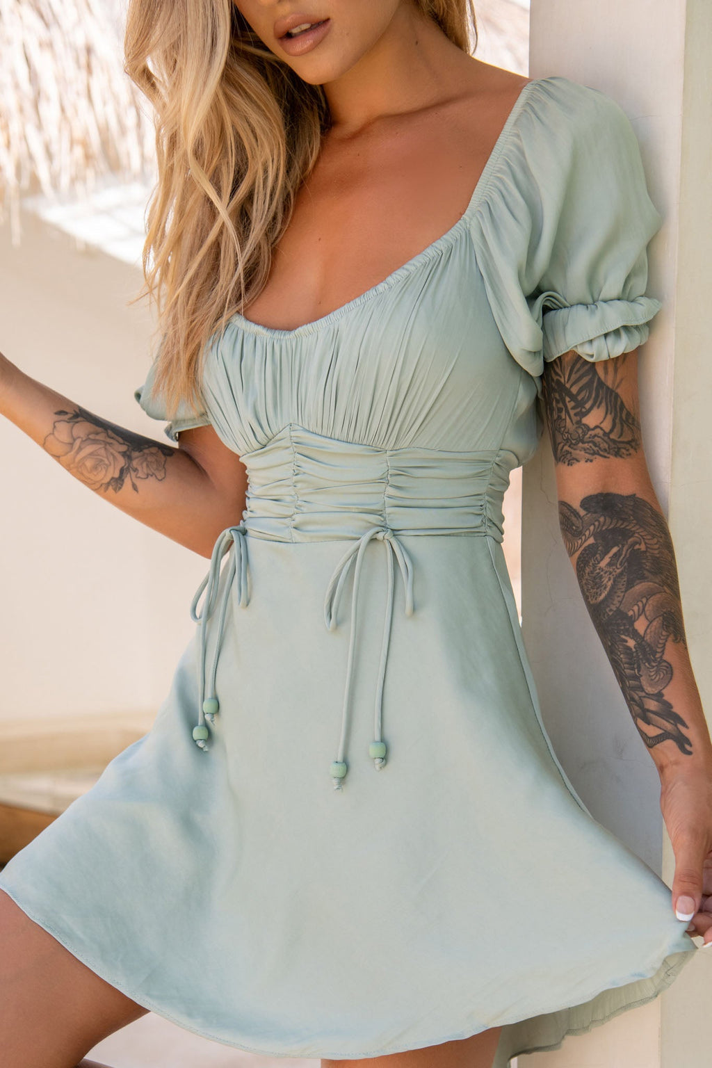 Bright Side Off-Shoulder Puff Sleeve Dress Pistachio by Selfie Leslie