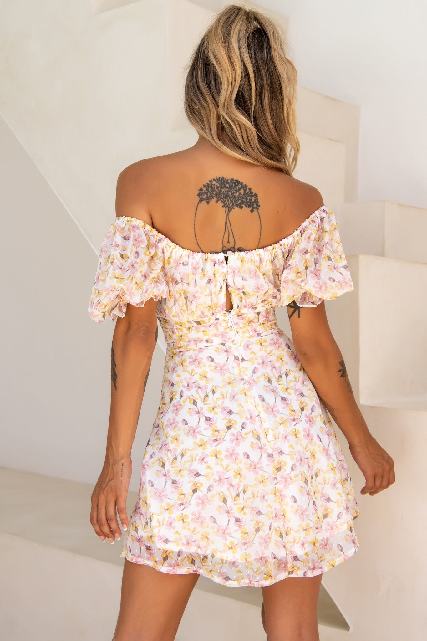 Bright Side Off-Shoulder Puff Sleeve Dress Floral Print Pink/Yellow by Selfie Leslie