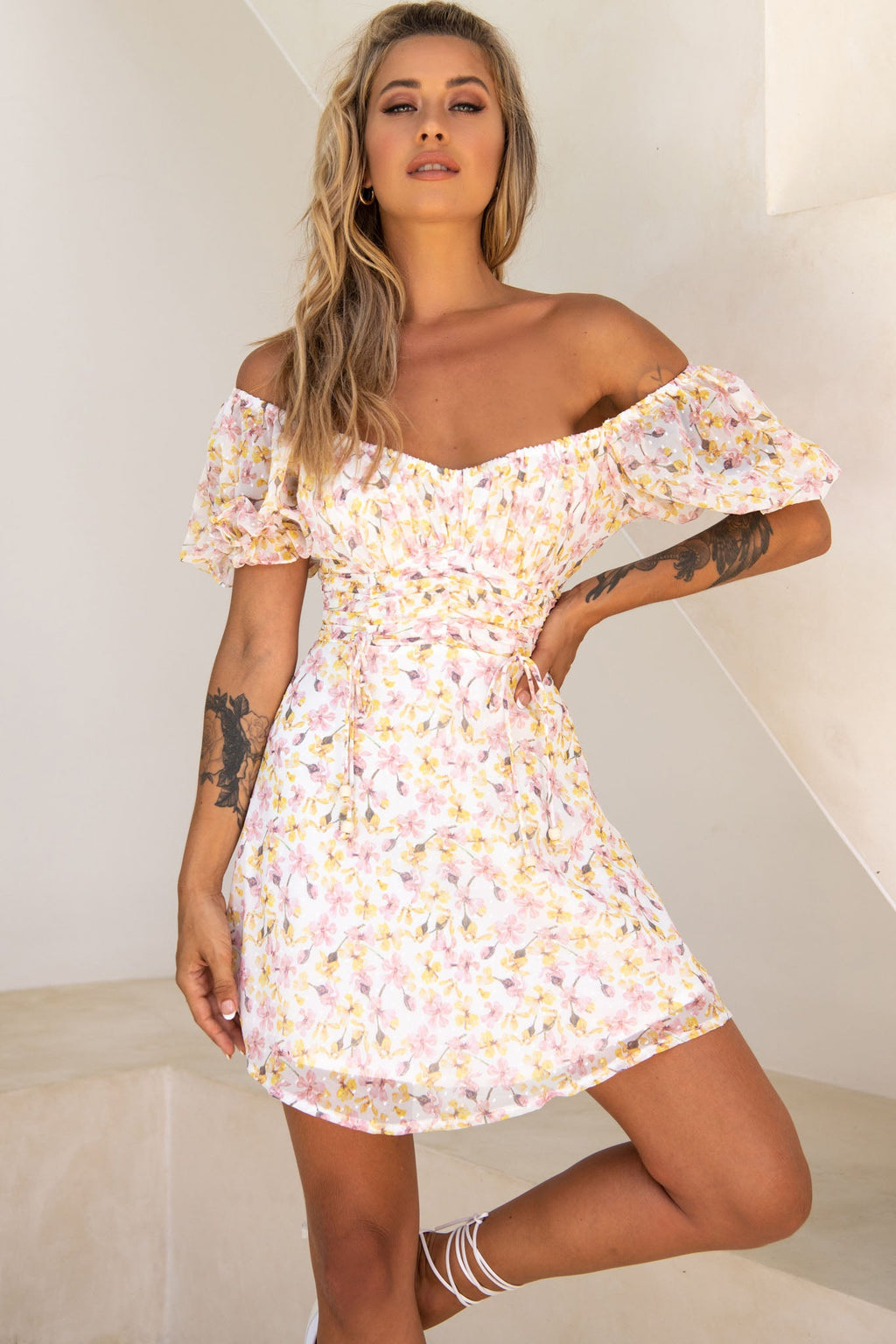 Bright Side Off-Shoulder Puff Sleeve Dress Floral Print Pink/Yellow by Selfie Leslie